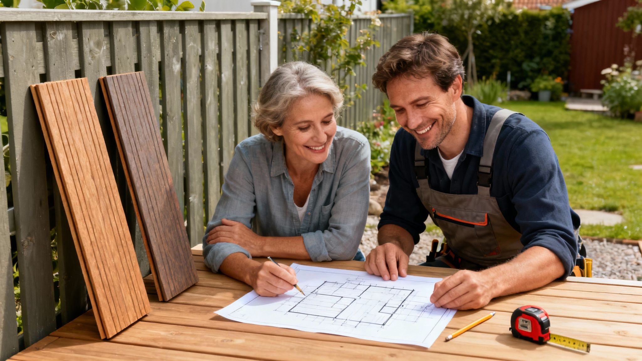 En person i gang med at lægge en træterrasse