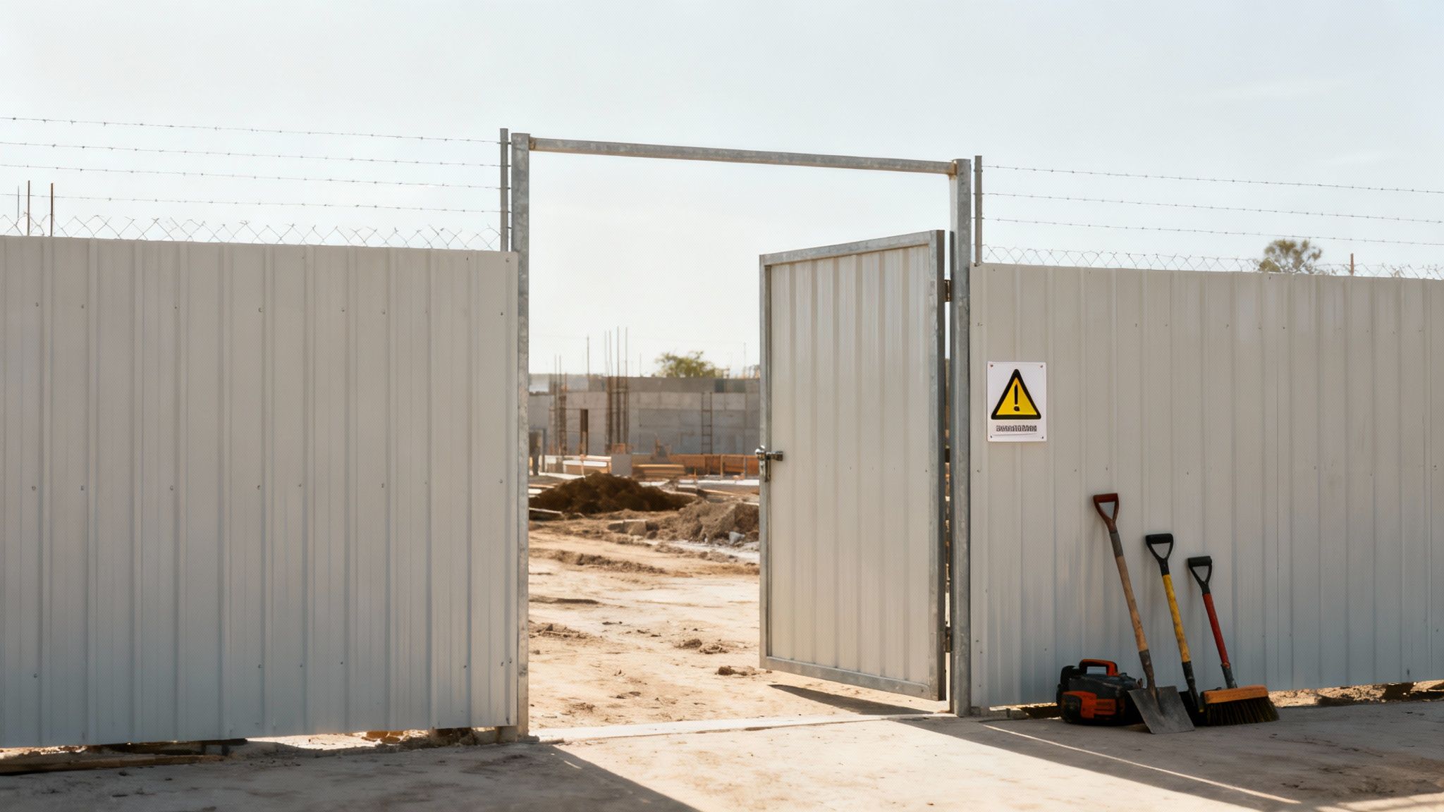 Indgang til en byggeplads med delvist åben port, advarselsskilt og værktøj på jorden.