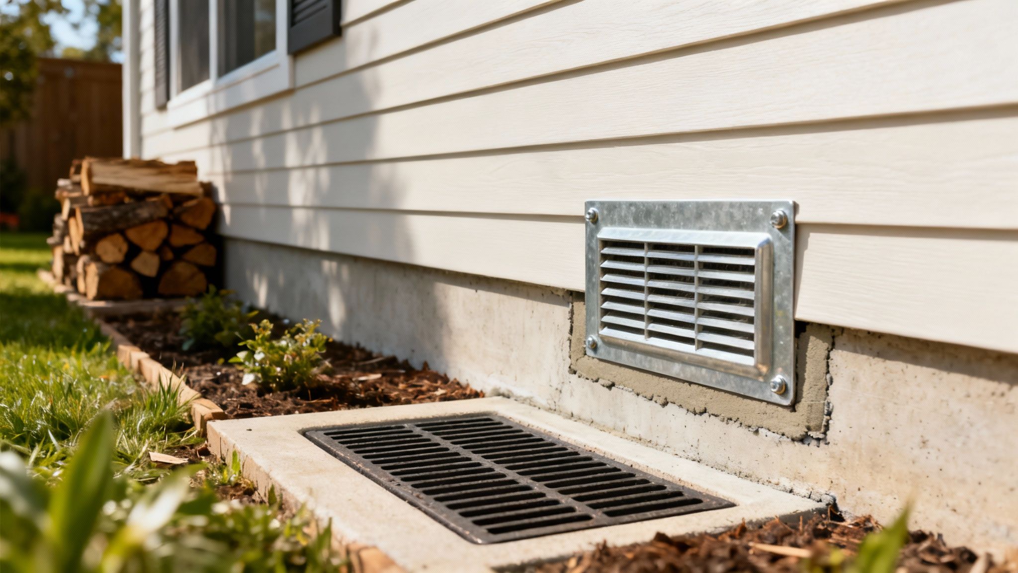 Et hus' ydermur med lys beklædning, en sokkeludluftning, et gitter i jorden og en stak brænde.