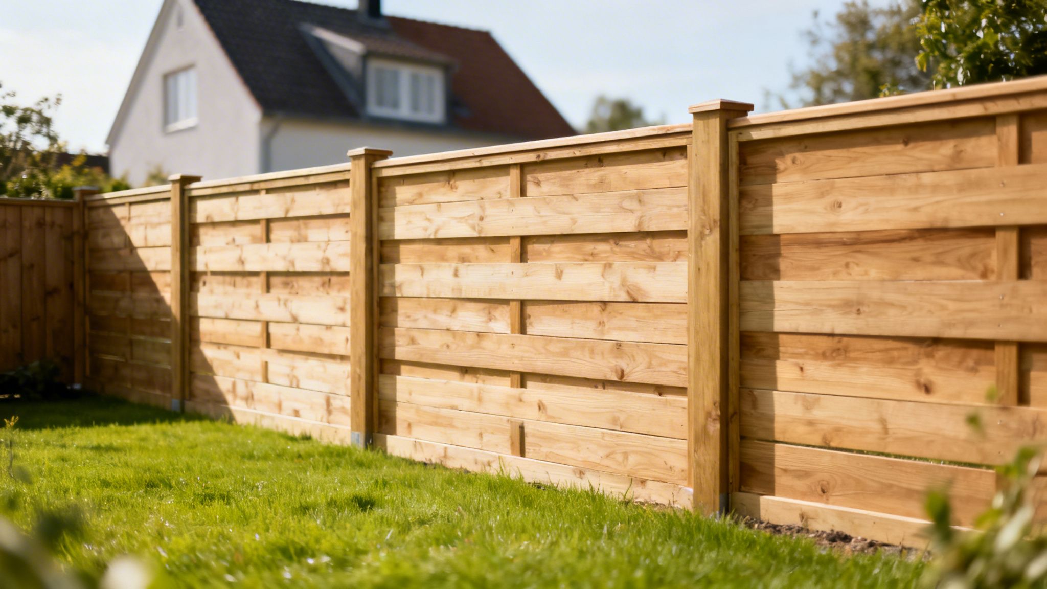 Et langt, lyst træhegn omkranser en grøn græsplæne med et hus i baggrunden på en solrig dag.
