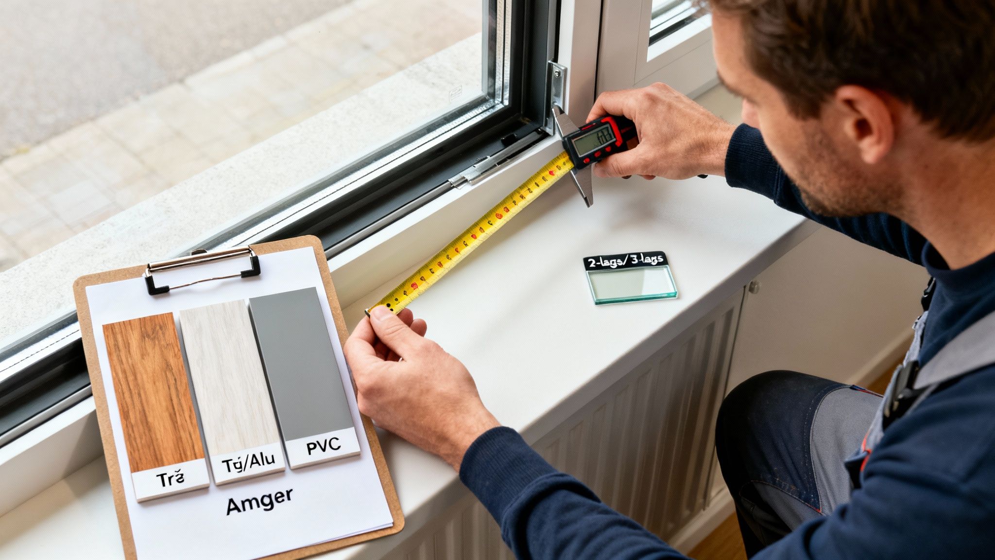 Håndværker måler vinduer på Amager og viser prøver af træ, træ/alu og PVC samt glastyper for udskiftning.