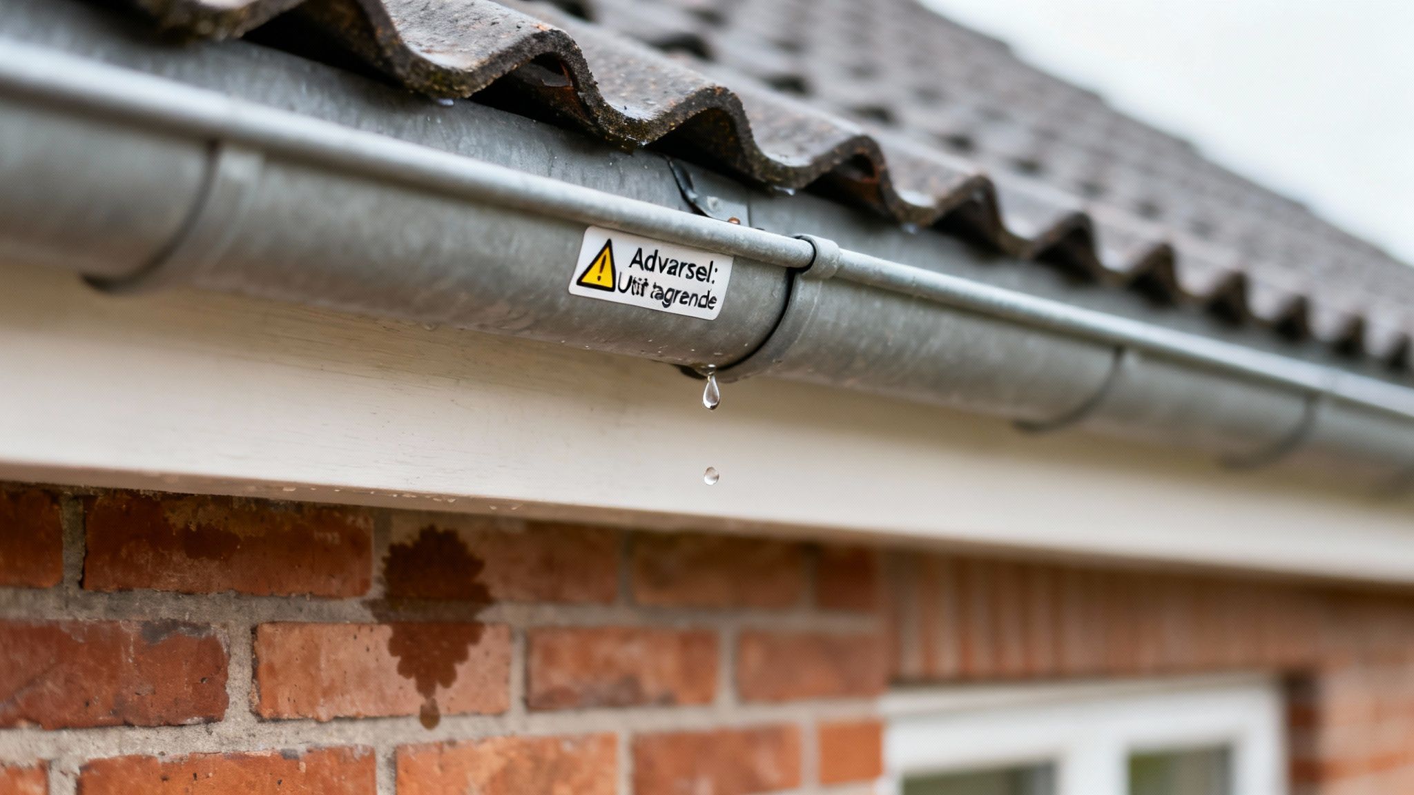 Billede af en utæt tagrende med dryppende vand, et advarselsskilt og våd murstensvæg.