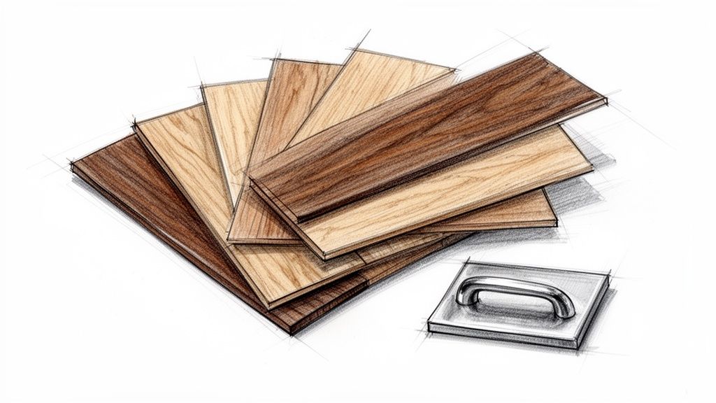 Blyantstegning af trægulvsprøver i forskellige nuancer og et metalgreb til installation.