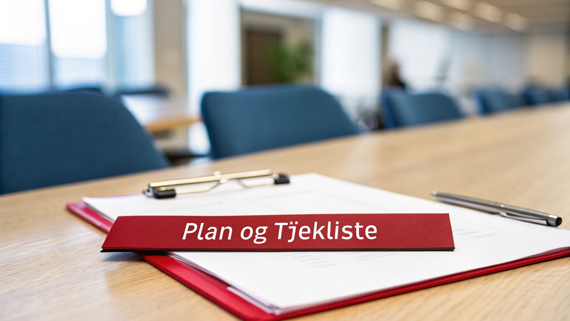 Et mødebord med en rød mappe, briller, en pen og et skilt med teksten 'Plan og Tjekliste'.