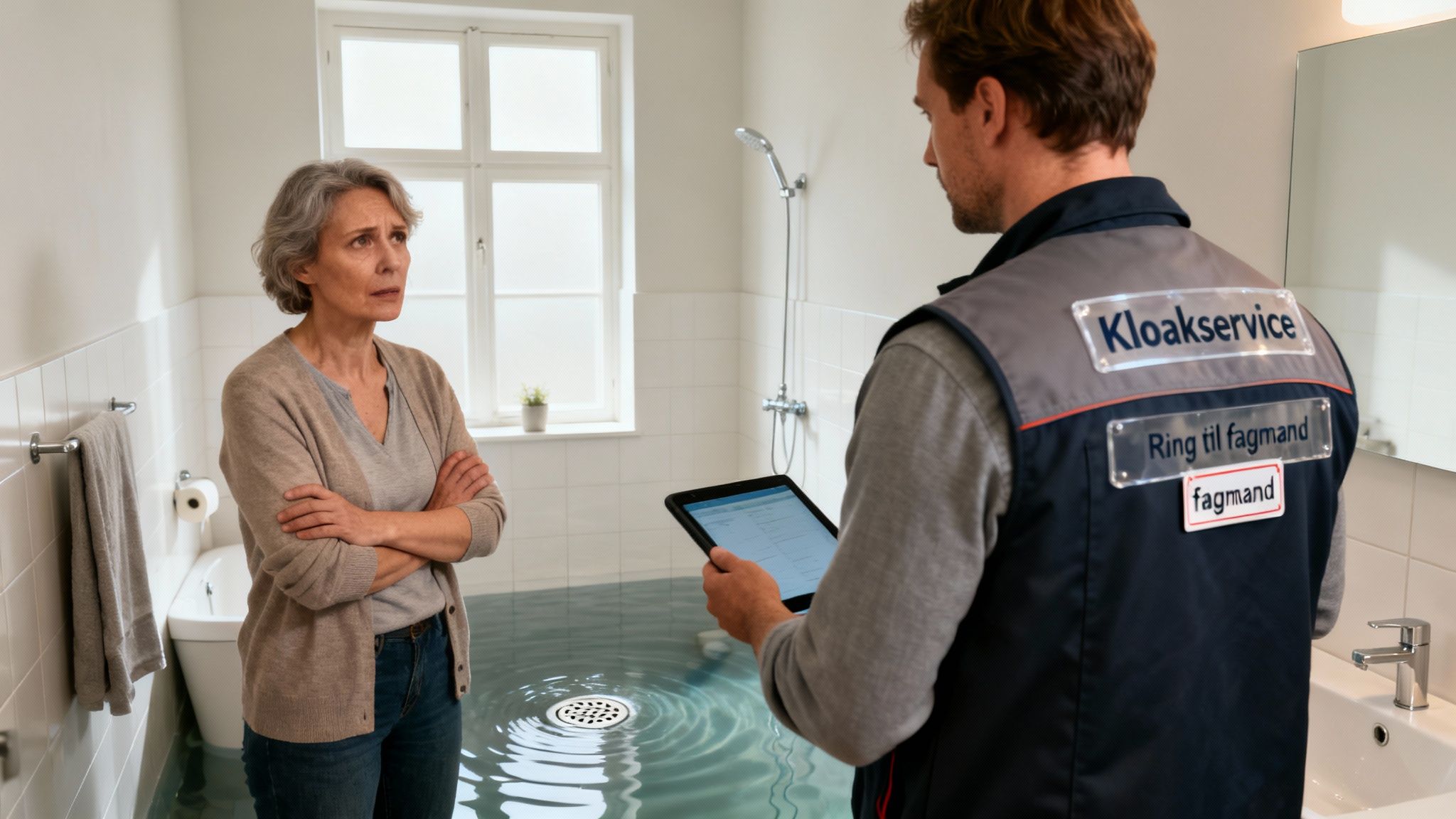 Bekymret kvinde i oversvømmet badeværelse, der taler med en VVS-montør om stoppet afløb.