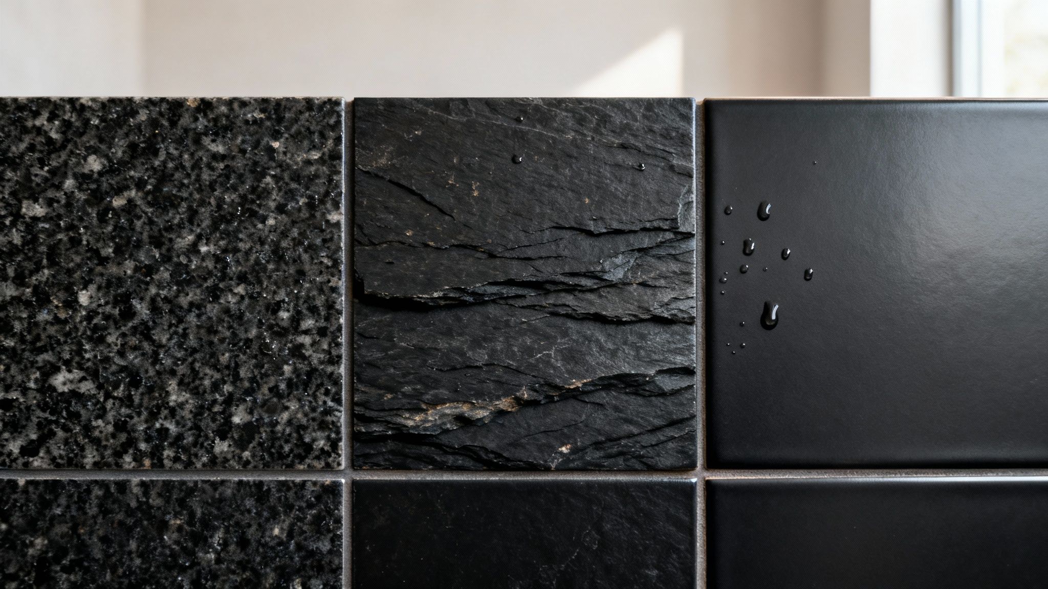 Nærbillede af tre forskellige sorte fliser: granit, skifer og glat keramik, hvoraf den sidste har vanddråber.