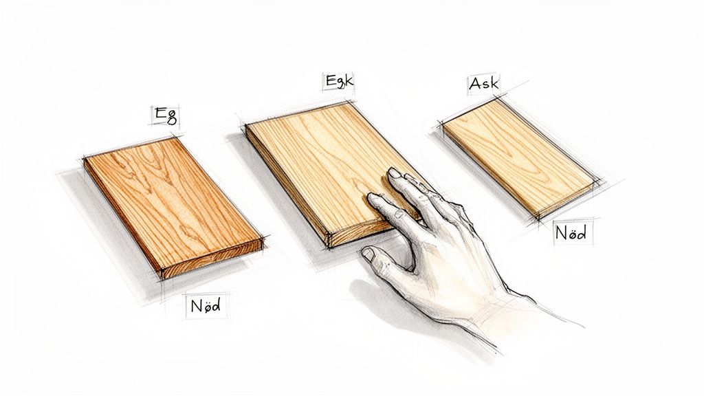 Illustration af forskellige træsorter (eg, ask, nød) med en hånd der føler på overfladen.