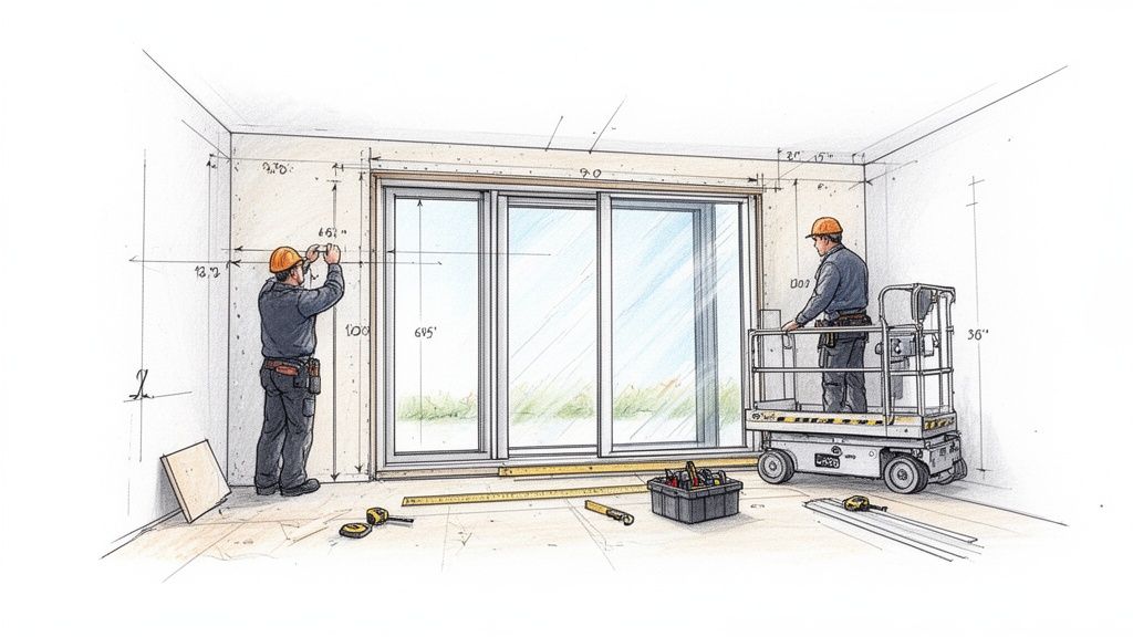 Illustration af to håndværkere, der installerer store skydedøre med målinger i en udestue.