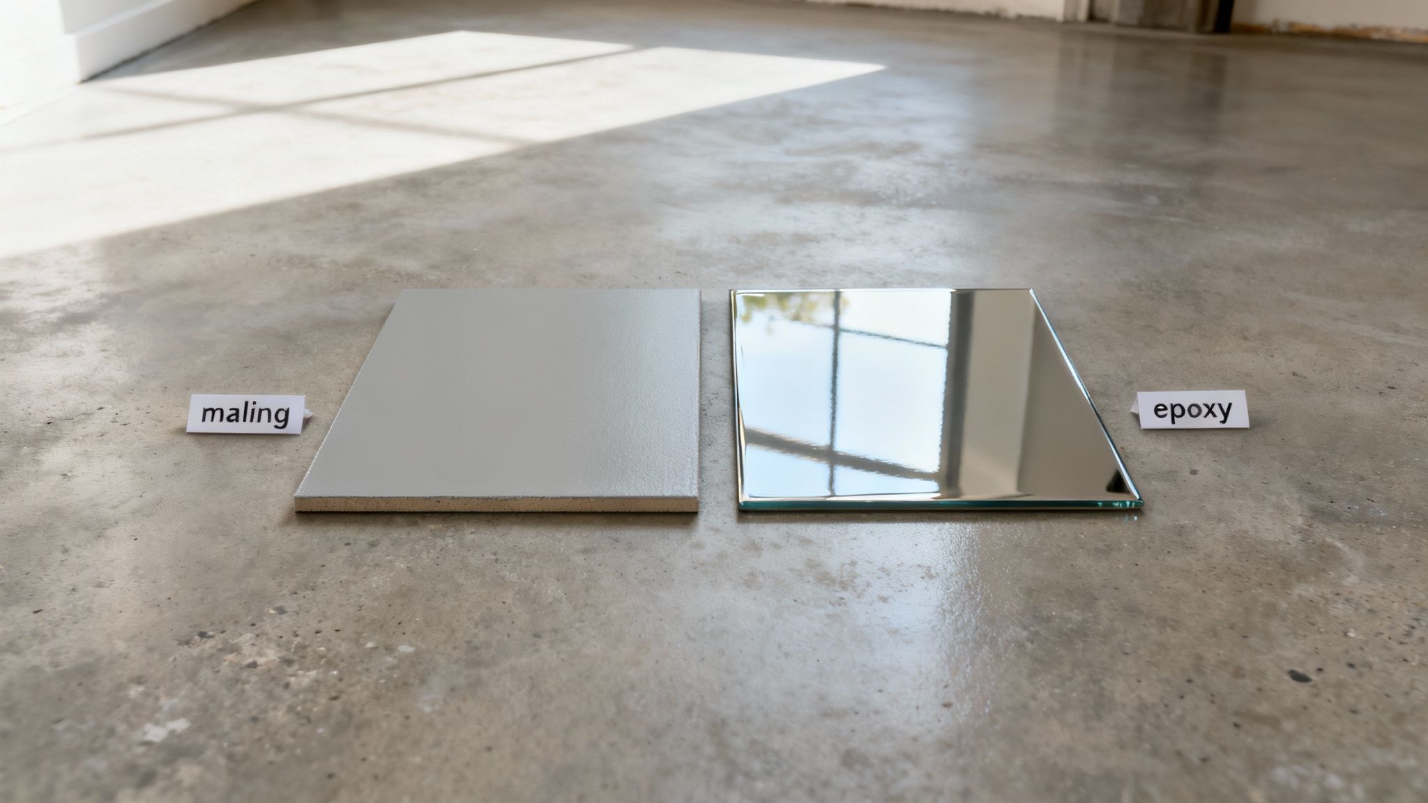 Betongulv med prøver af grå maling og skinnende epoxybelægning til sammenligning.