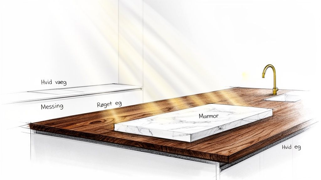 Detaljeret skitse af moderne køkkenbordplade i røget eg med marmorindsats, messingdetaljer og hvid væg.