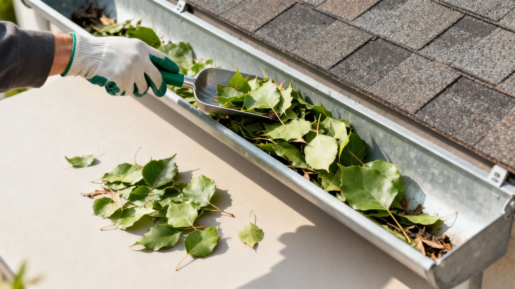 En ren og vedligeholdt tagrende på et hus efterår.