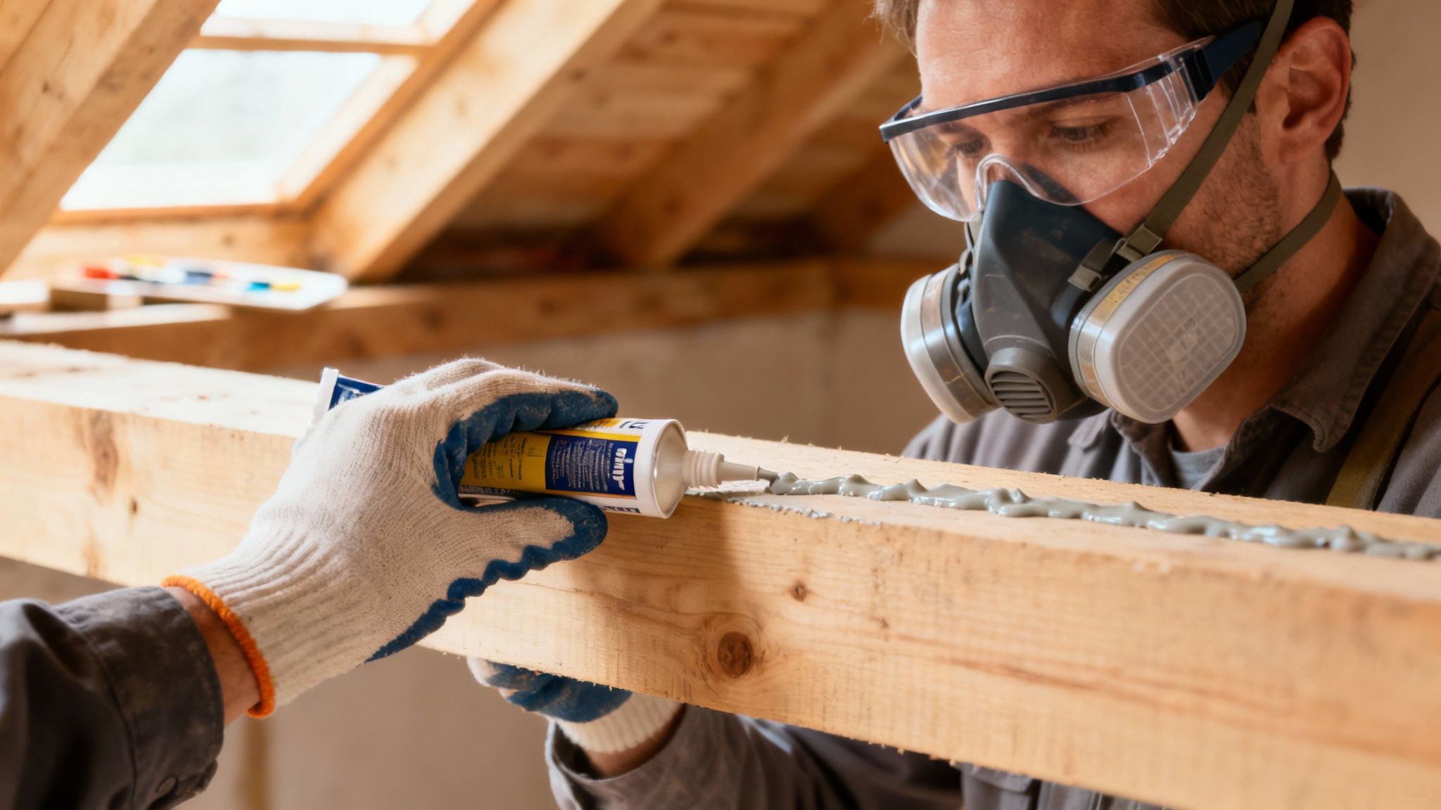 Person der behandler træværk med et sprøjtemiddel mod borebiller.