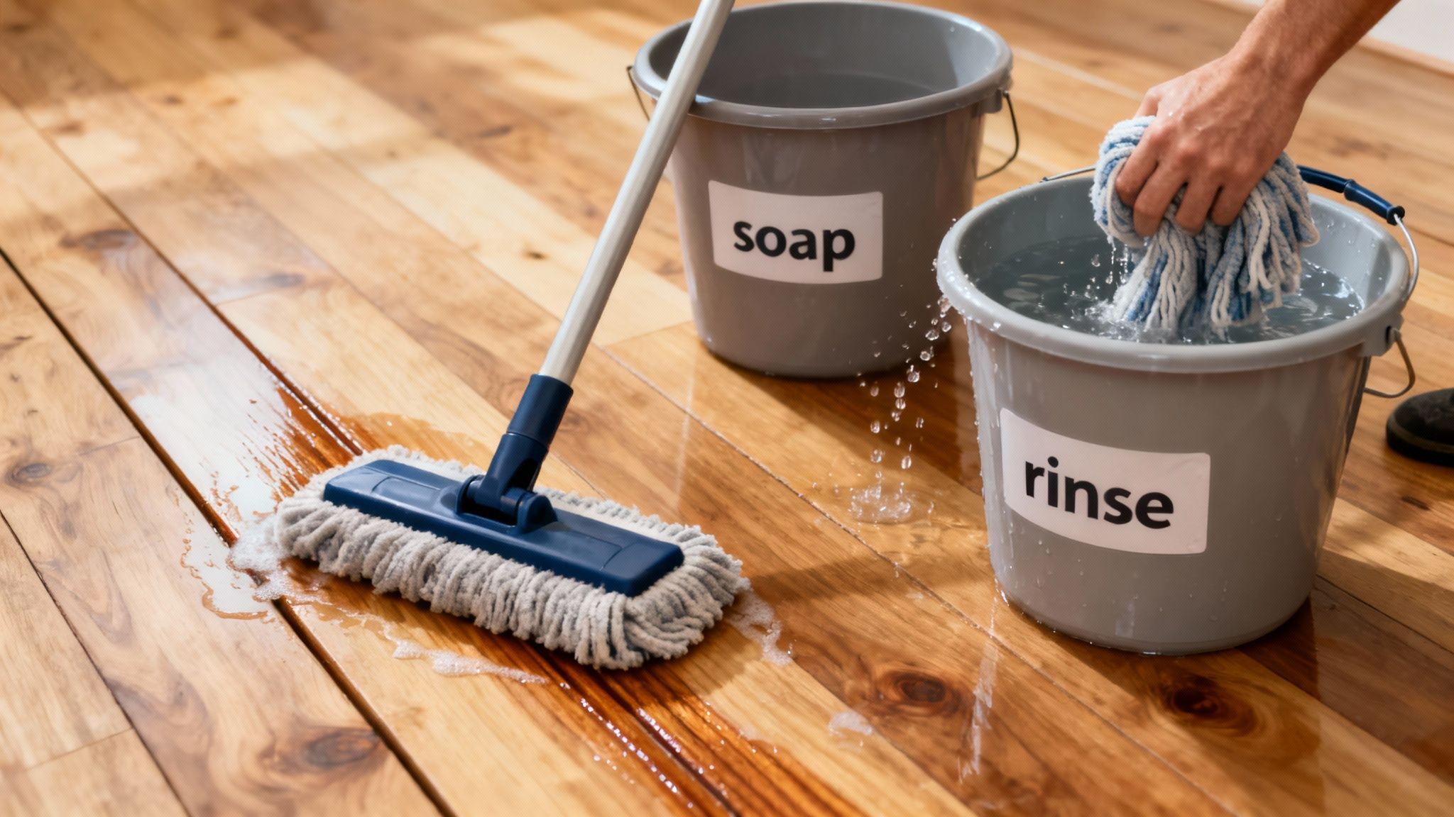 En person rengør et trægulv med en moppe og to spande mærket 'sæbe' og 'skyl'.