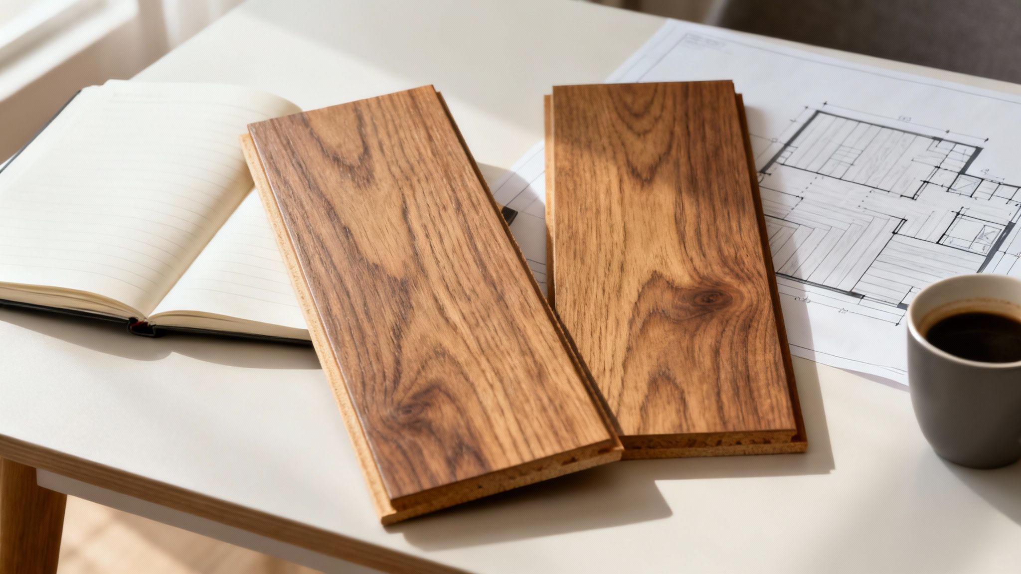 To brædder af egetræ med naturligt åremønster lagt på hvidt arbejdsbord med tegninger og notesbog