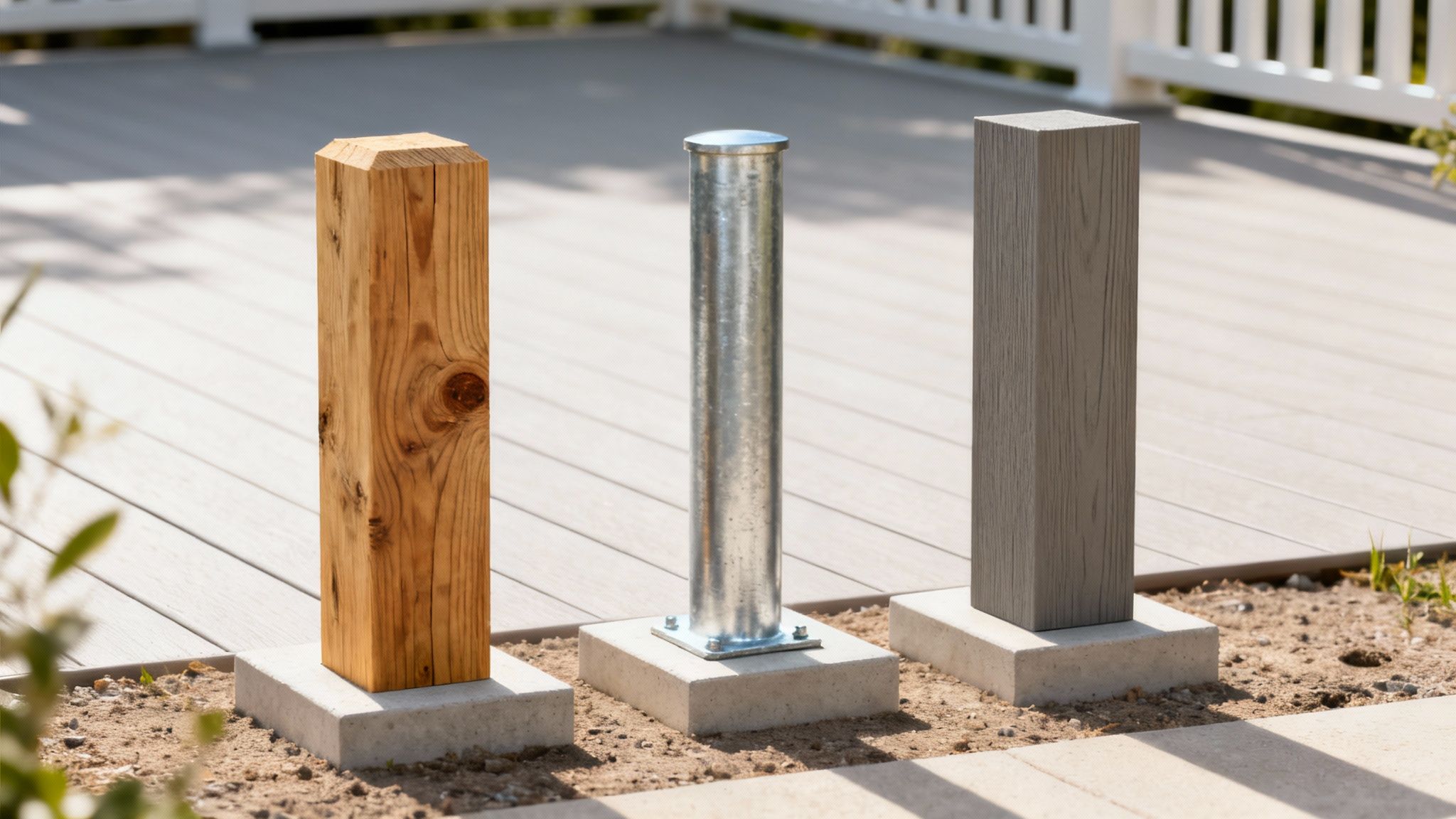 Tre forskellige stolper (træ, metal, komposit) på betonsokler ved en terrasse.