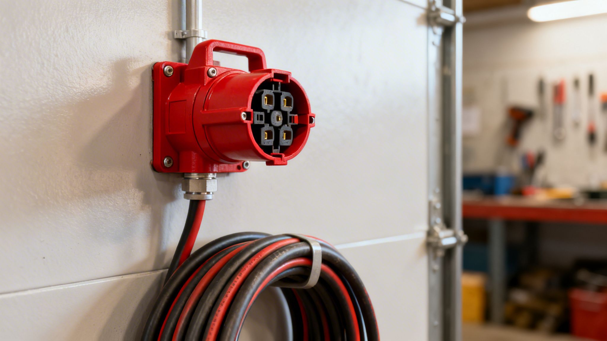 Rød industriel stikkontakt med oprullet kabel monteret på væg i et værksted.