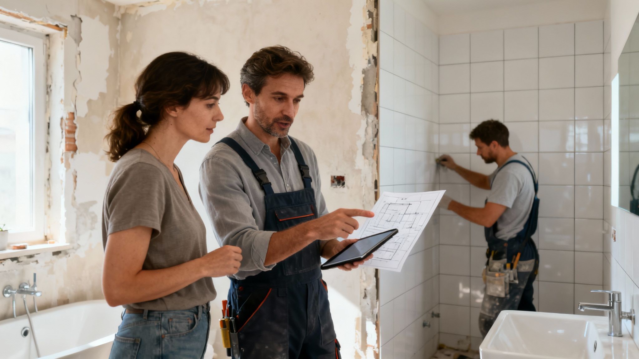 En kvinde og en entreprenør diskuterer renoveringsplaner for badeværelset, mens en arbejder lægger fliser i baggrunden.