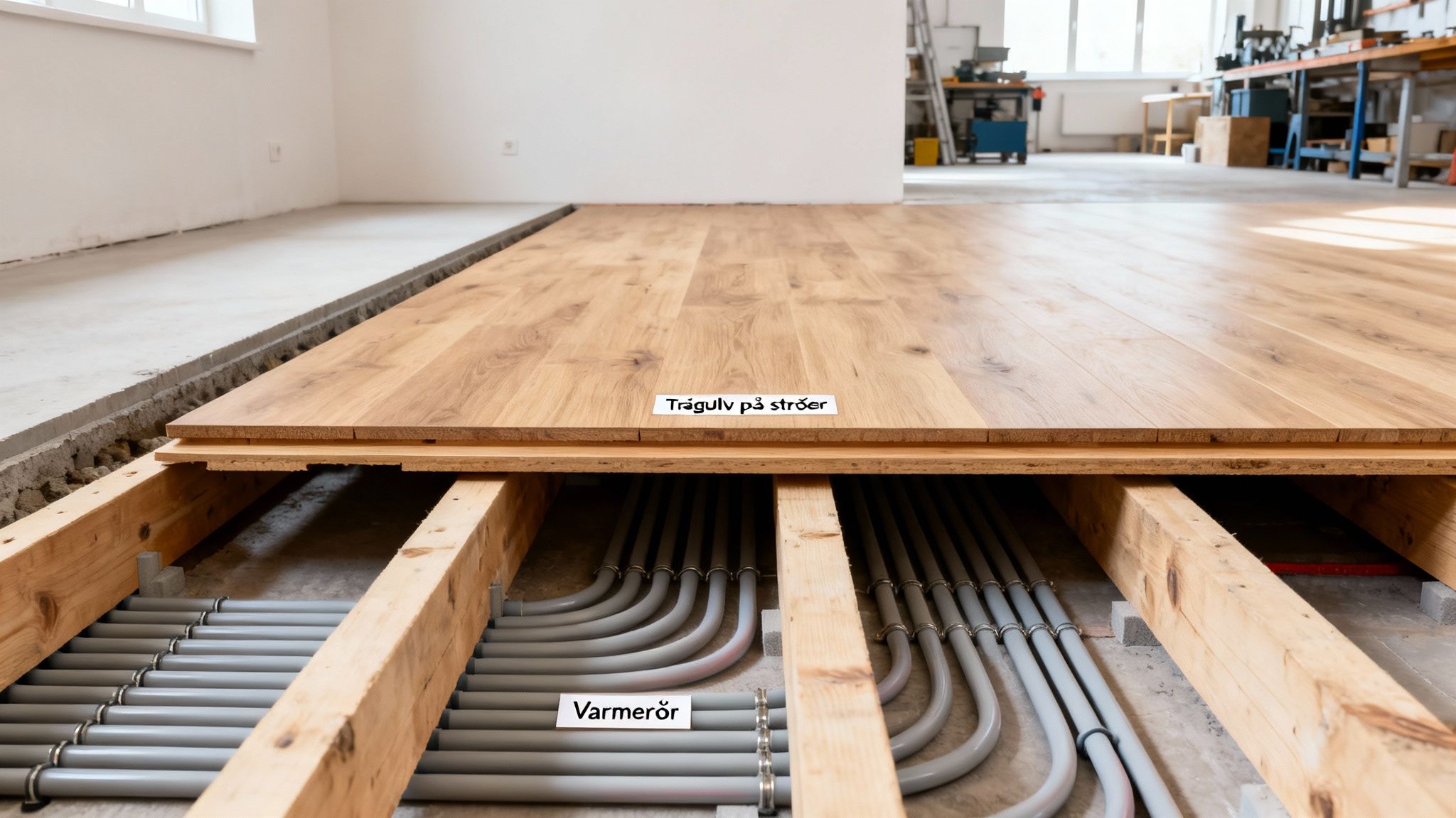 Installation af trægulv med gulvvarme på strøer, viser rør og træplanker.