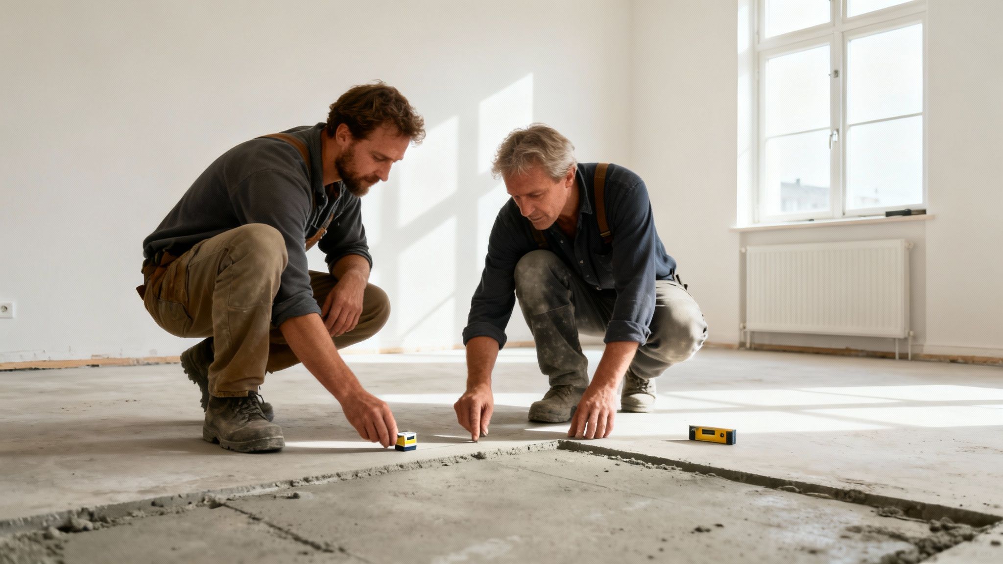 To mænd forbereder et betongulv til installation af gulvvarme i et lyst rum.