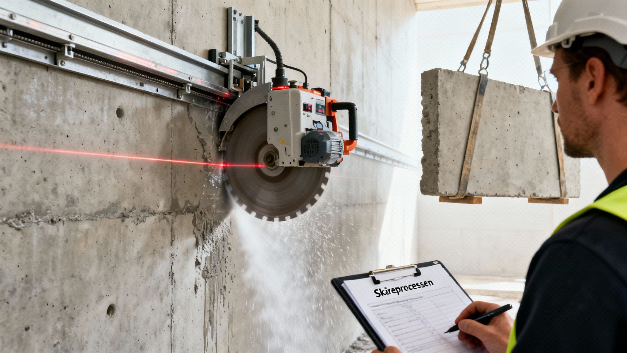 En diamantsav skærer præcist i en betonvæg ved hjælp af en laserlinje, overvåget af en bygningsarbejder.