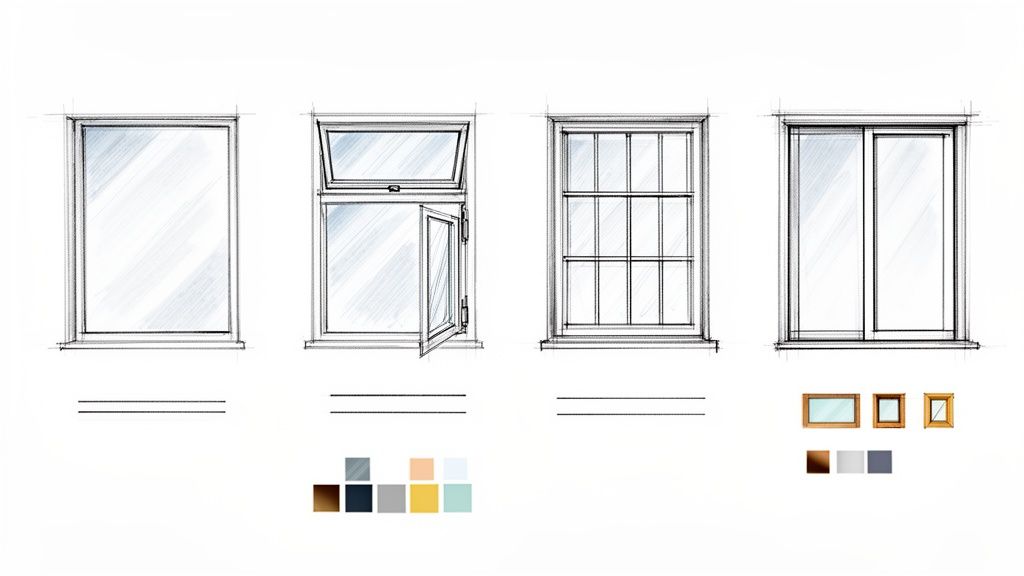 Tegninger af fire vinduestyper: fast, topstyret, sprossevindue og skydedør, med farveprøver.