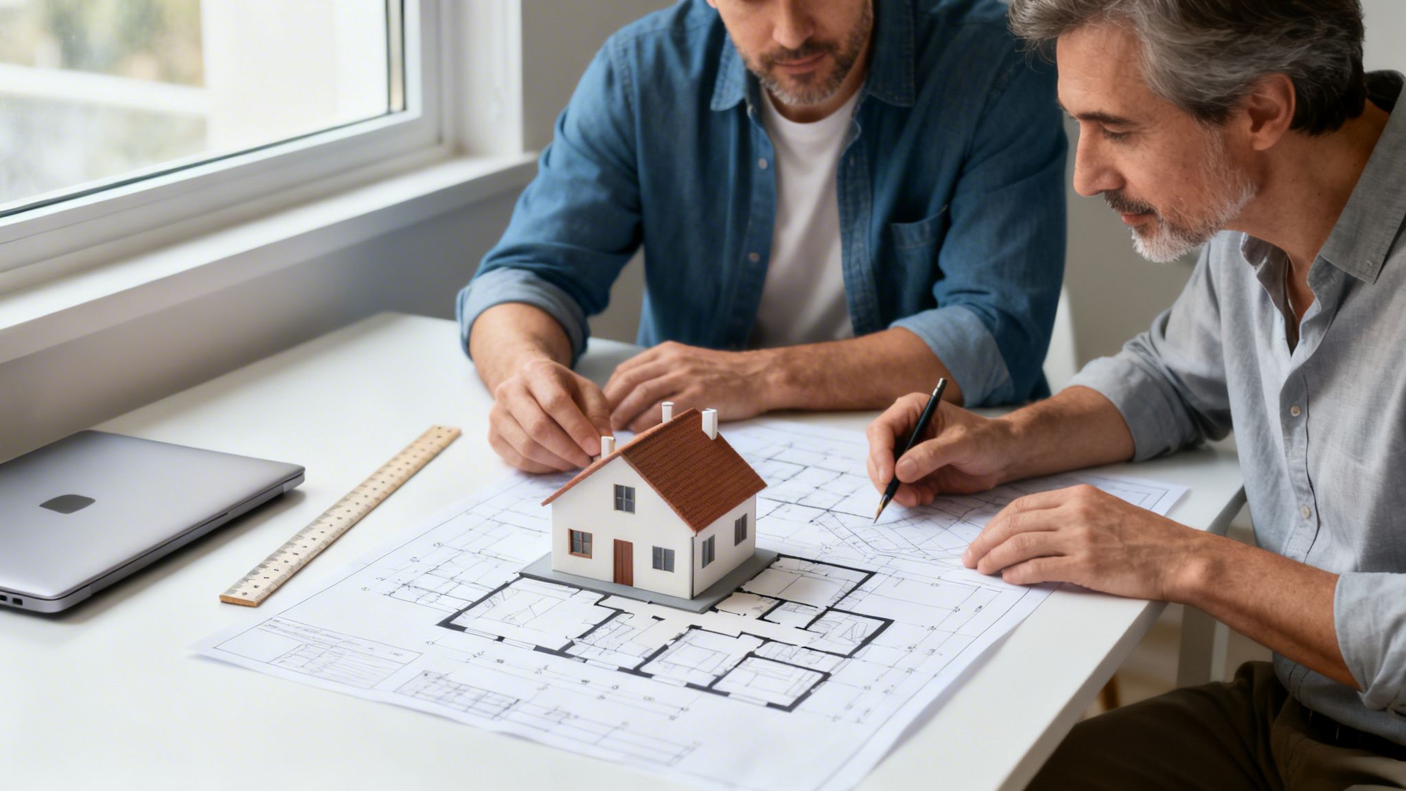 Arkitekter diskuterer nye husplaner med en 3D-model og tegninger på et hvidt bord.