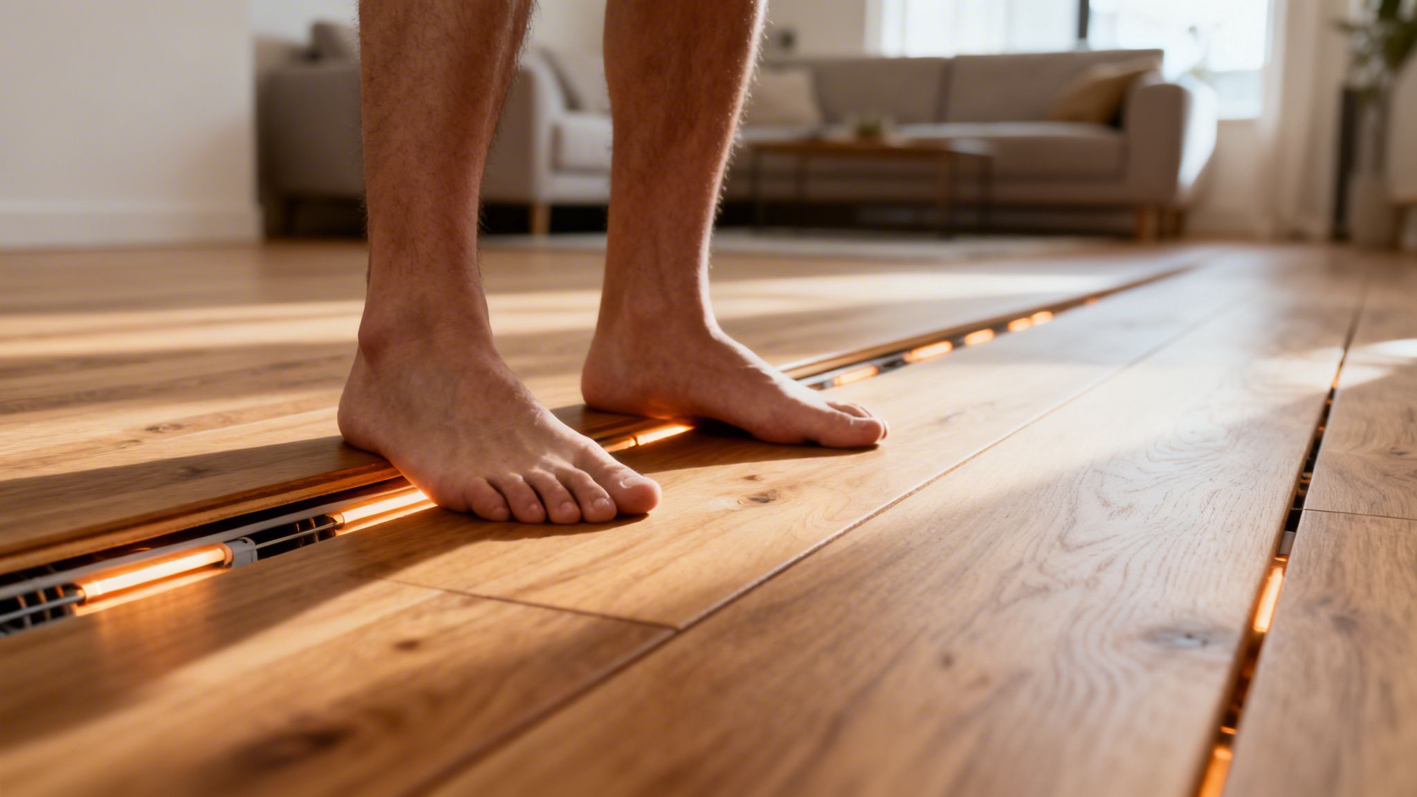 En persons bare fødder står på et trægulv med glødende el gulvvarme, der lyser op.