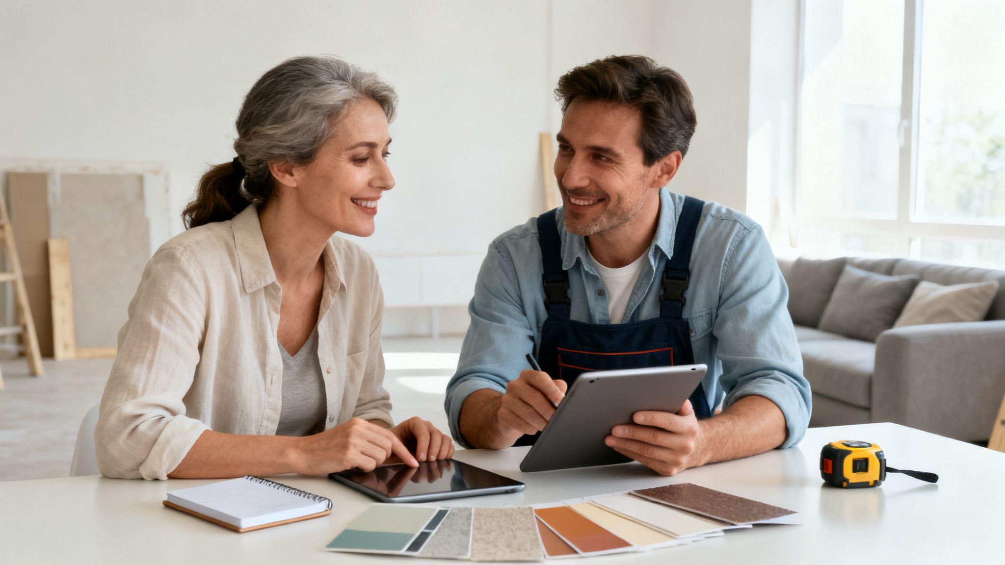 Smilende kvinde og håndværker diskuterer designvalg med tablets og farveprøver til renovering.