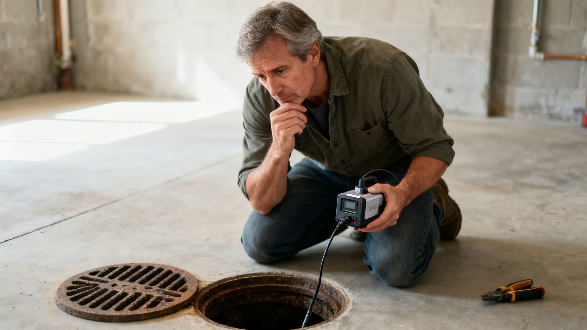 En mand knæler og inspicerer en åben kloak med et inspektionskamera i et rum.