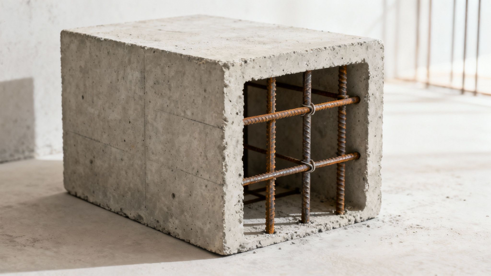 Et gråt betonblok med synlig armeringsjern inde i, placeret på et betongulv.
