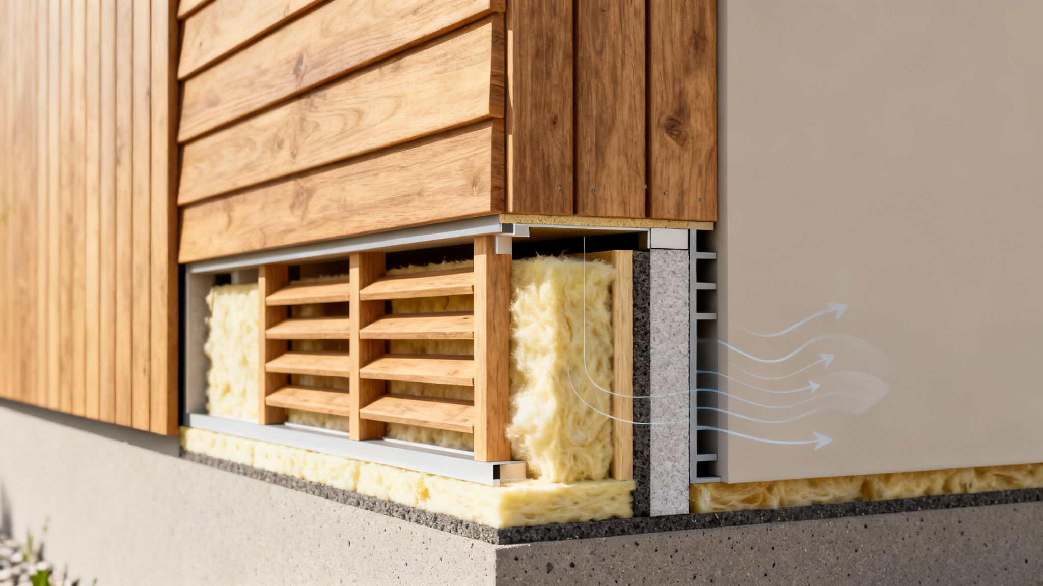 Tværsnit af husmur med træbeklædning, isolering og ventilation, der viser luftstrøm.