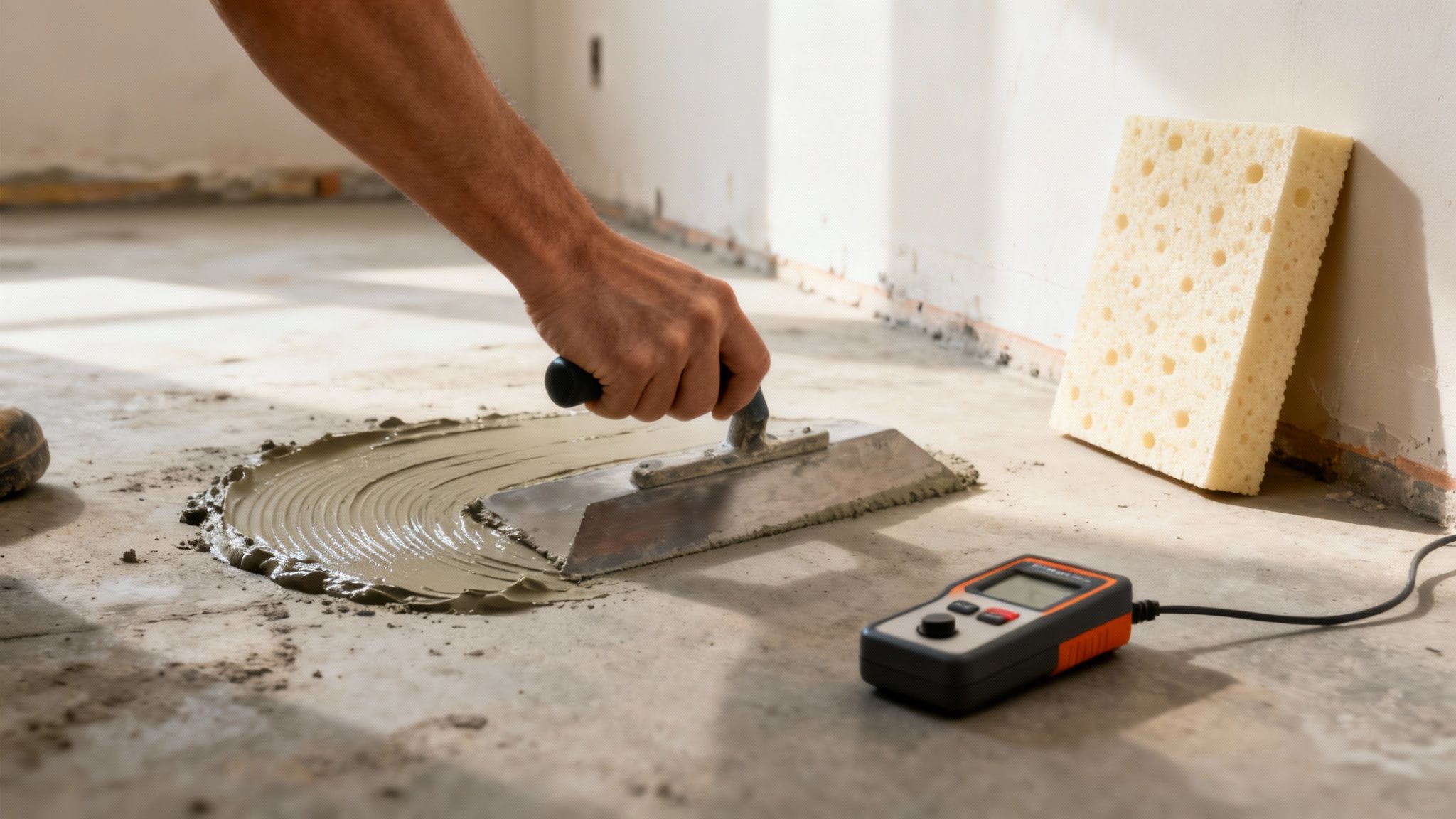 En byggeplads, hvor et undergulv af beton bliver forberedt til installation af gulvvarme.