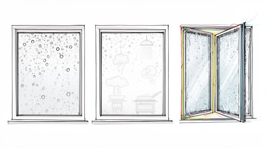 Tre skitserede vinduer viser kondens på ruden, årsager som madlavning og bad, samt udluftning som løsning.