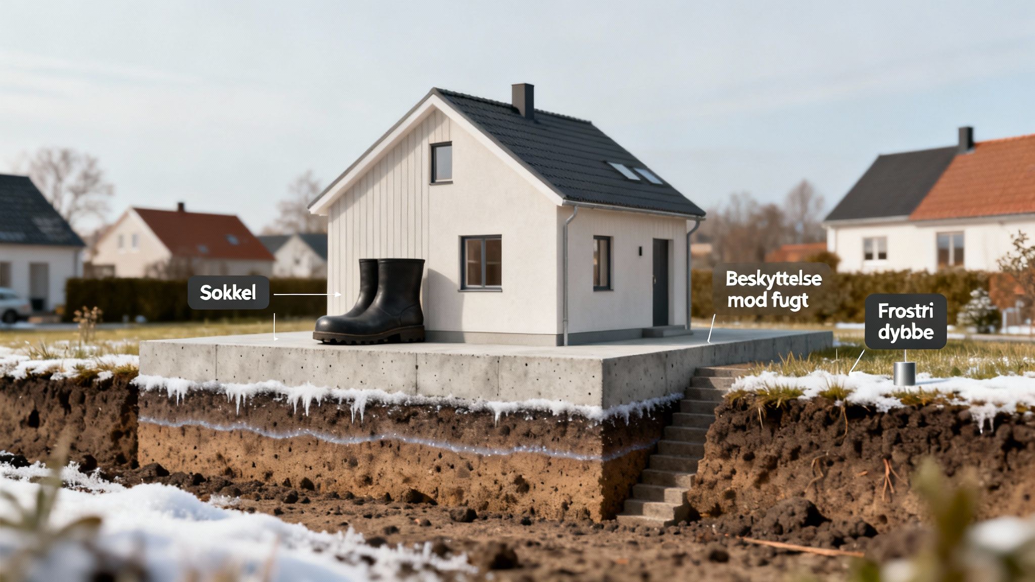 Billede af en husfundament (sokkel) med synlig jordlag, is og pile, der viser frostfri dybde og fugtbeskyttelse.