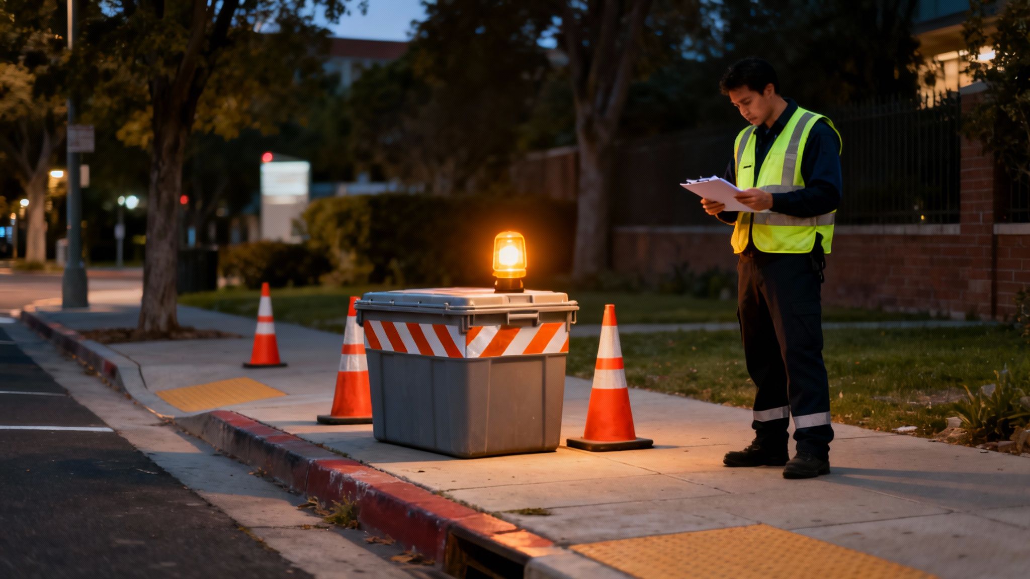 En mand i sikkerhedsvest inspicerer papirer ved en vejbyggeplads om natten med blinkende lys.