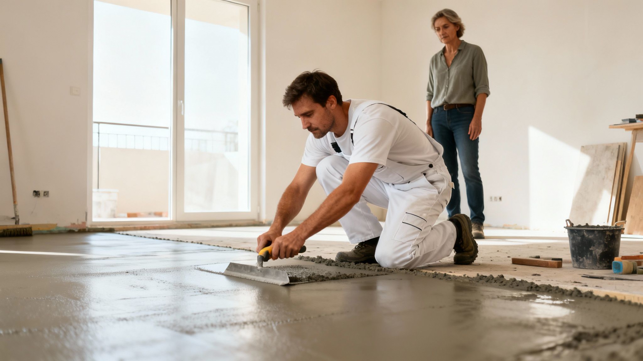 En mand i hvide overalls nivellerer et betongulv med en spartel, mens en kvinde ser til.