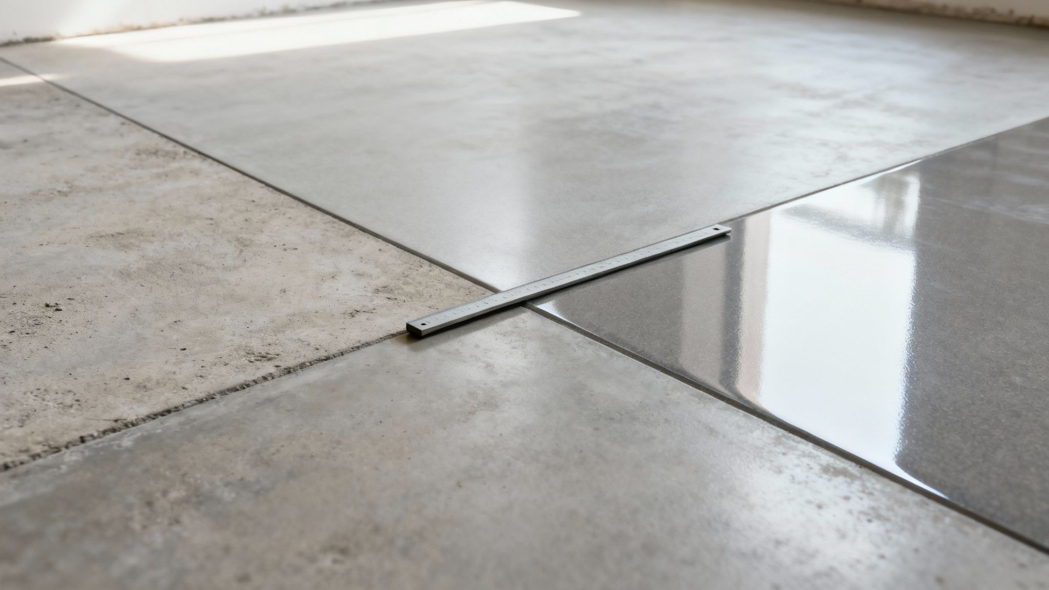 Nærbillede af betonfliser med metalfuge under gulvpoleringsborberedelse i moderne rum