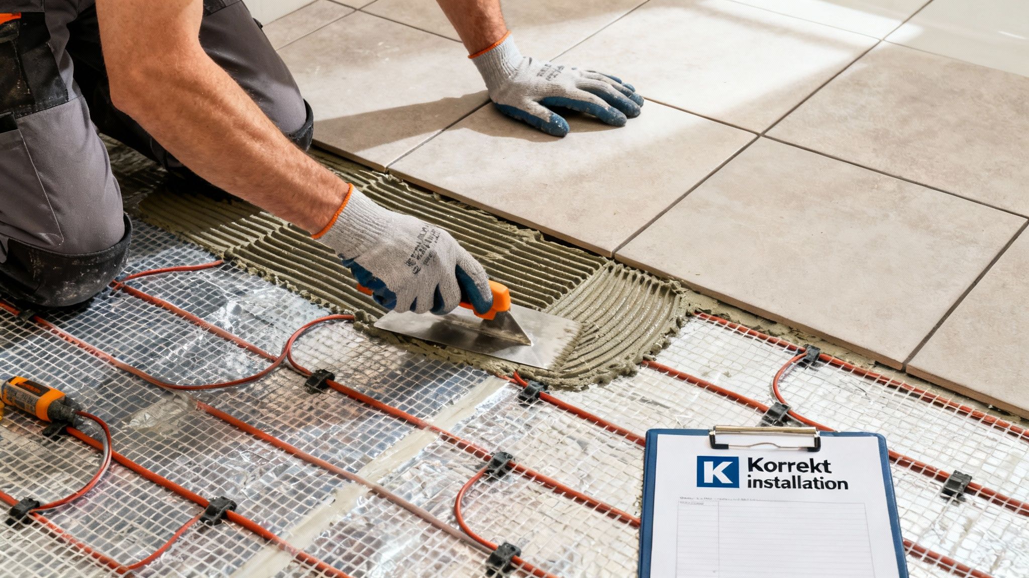 En person lægger fliser over et elektrisk gulvvarmesystem, der er synligt under klæbemidlet.
