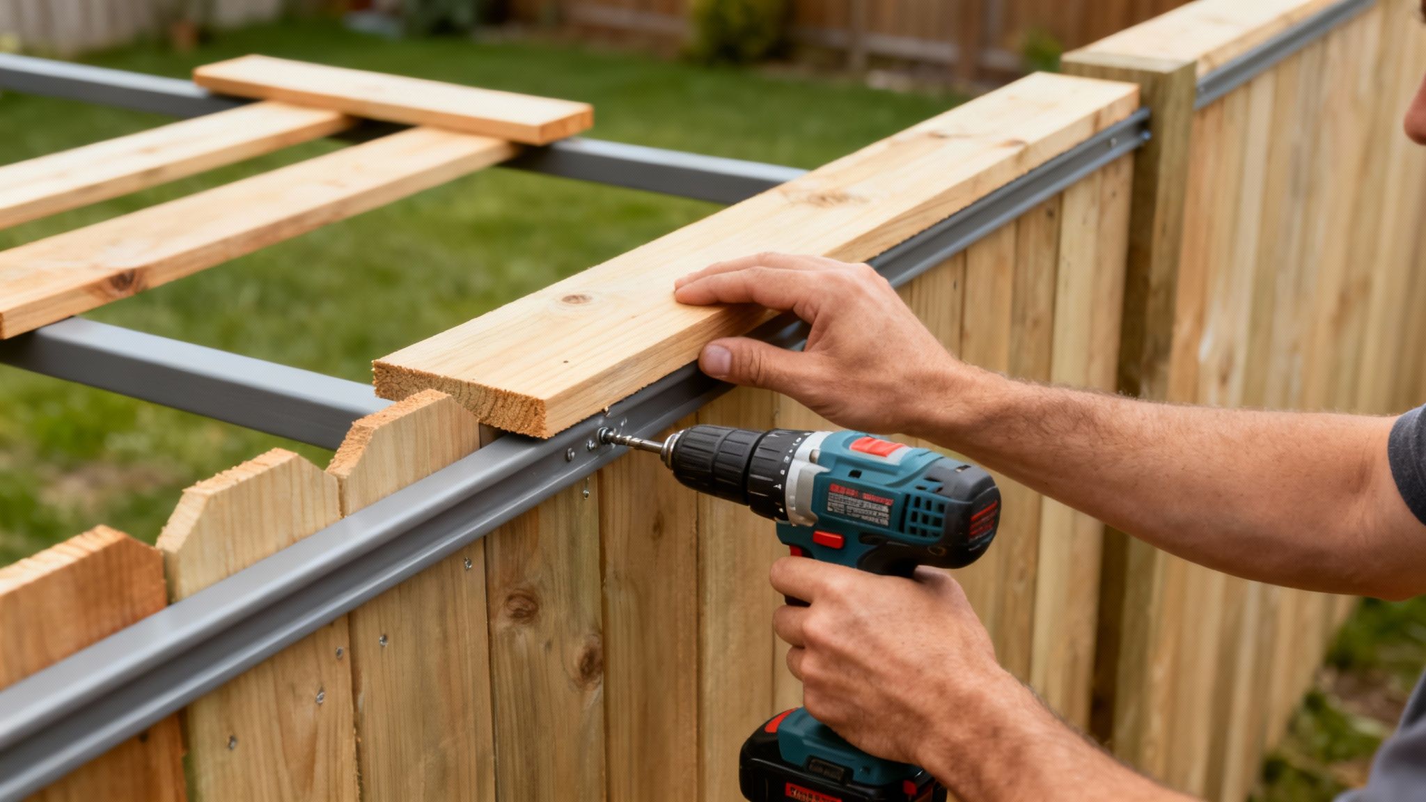 En mand skruer en træplanke fast på en metalramme, mens han bygger et træhegn i haven.