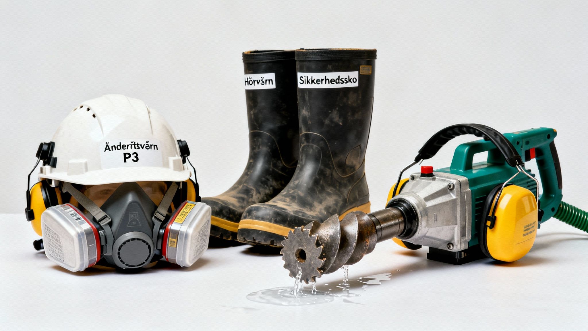 Personligt beskyttelsesudstyr og diamantboremaskine med vand. Hjelm, åndedrætsværn, høreværn og sikkerhedsstøvler klar til brug.
