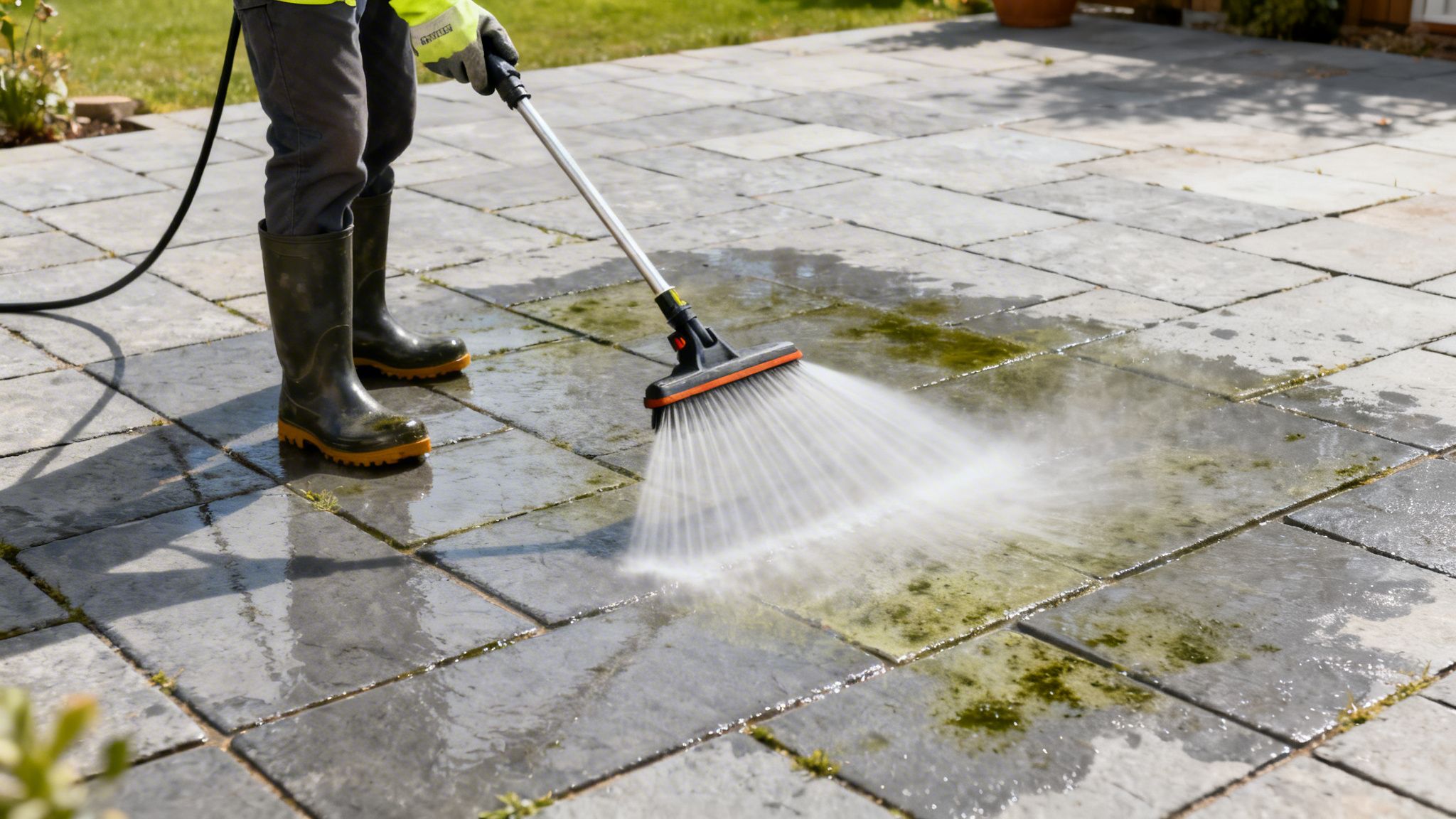 En person rengør terrassen for alger med en højtryksrenser iført gummistøvler.