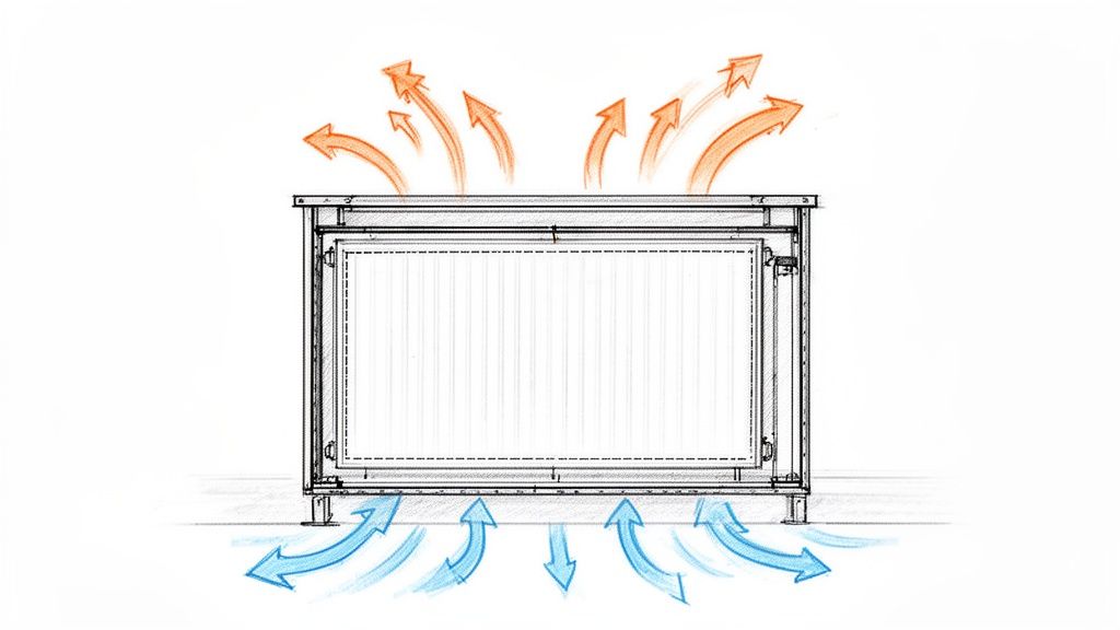 Diagram over en radiatorskjuler, der viser luftstrømmen med kold luft ind forneden og varm luft ud foroven.