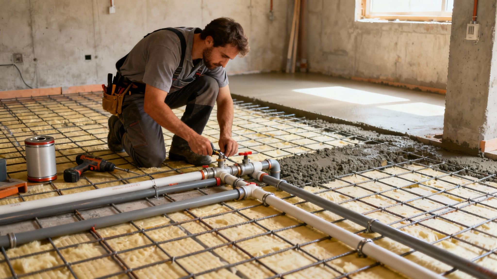 Mand installerer gulvvarme med rør og ventiler på isolering og armeringsnet, delvist dækket af beton.