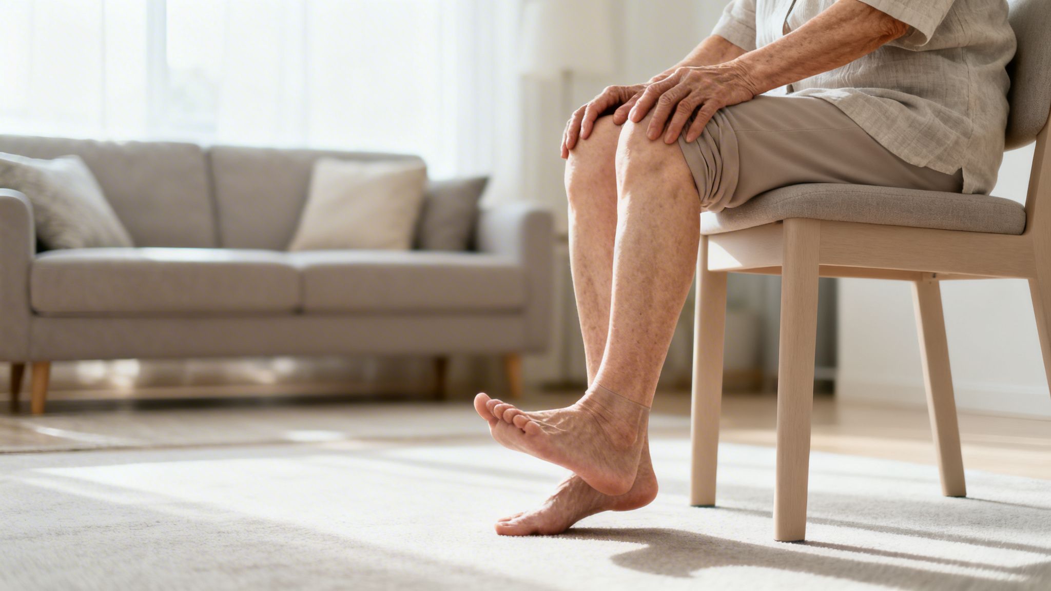 En ældre person sidder på en stol og holder knæene. De laver forsigtigt fodøvelser for at forbedre balance.
