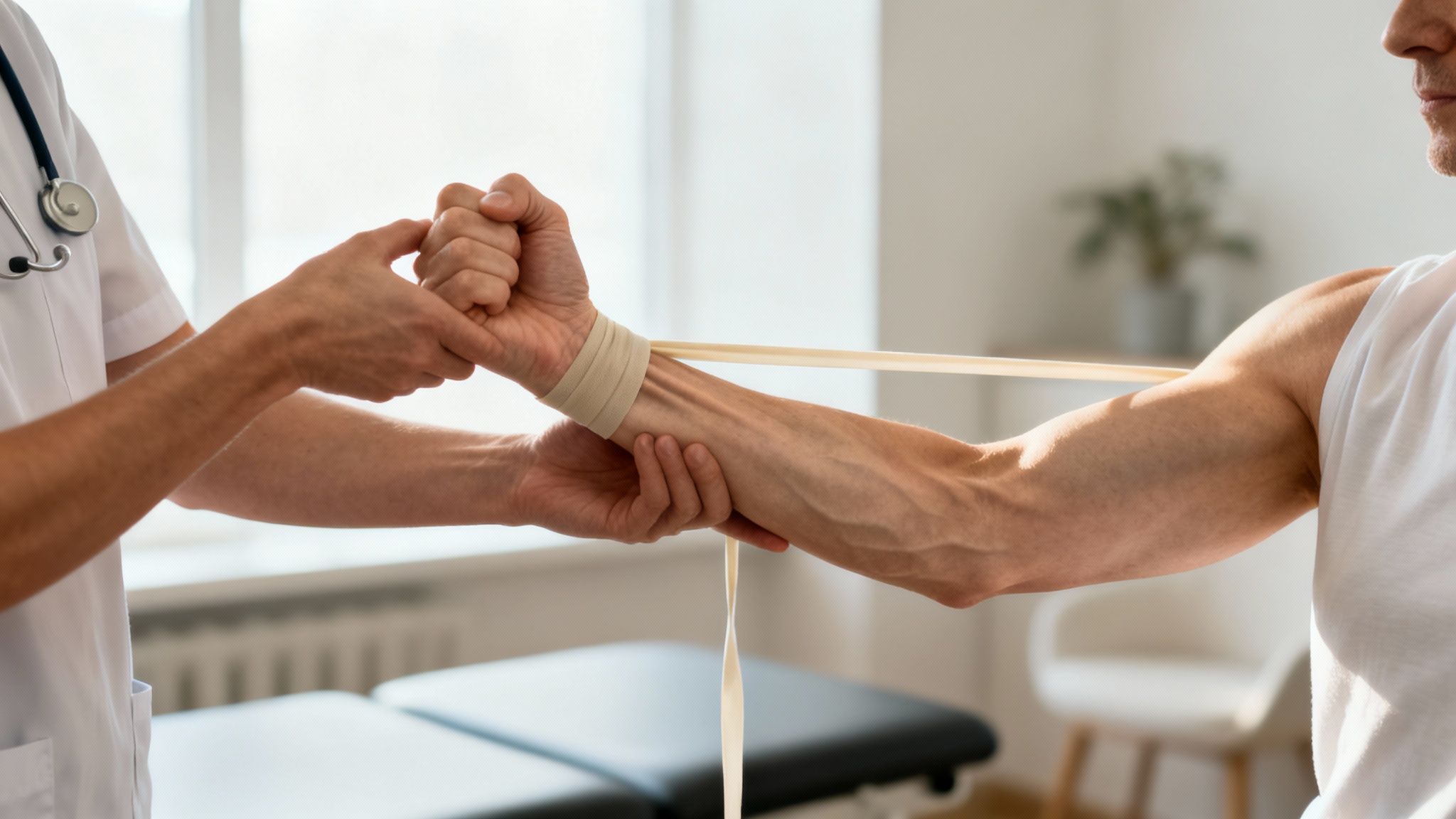 En fysioterapeut hjælper en patient med armøvelser og et modstandsbånd for at styrke muskler.