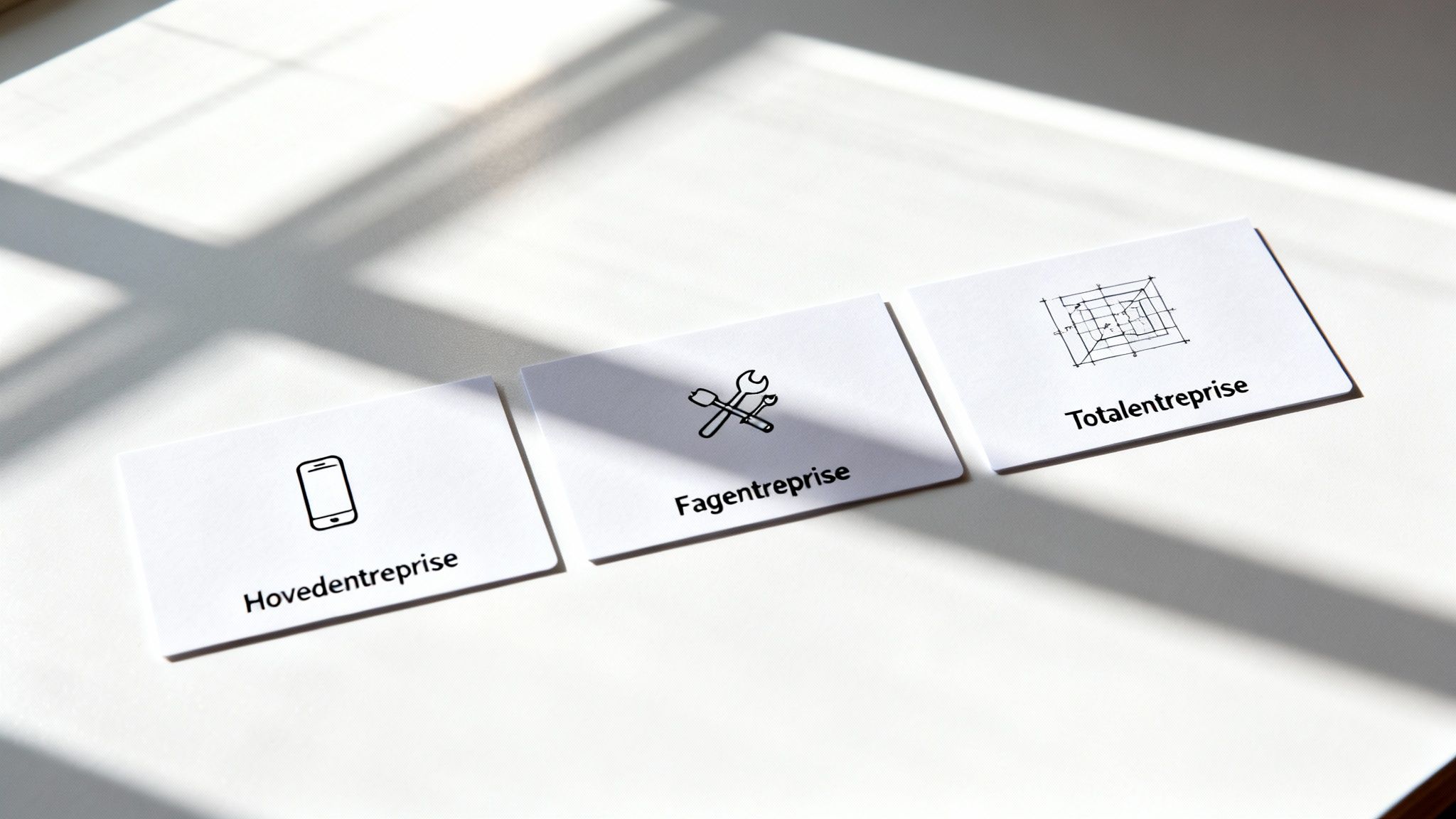 Tre hvide kort på et bord viser ikoner og tekster for hovedentreprise, fagentreprise og totalentreprise.