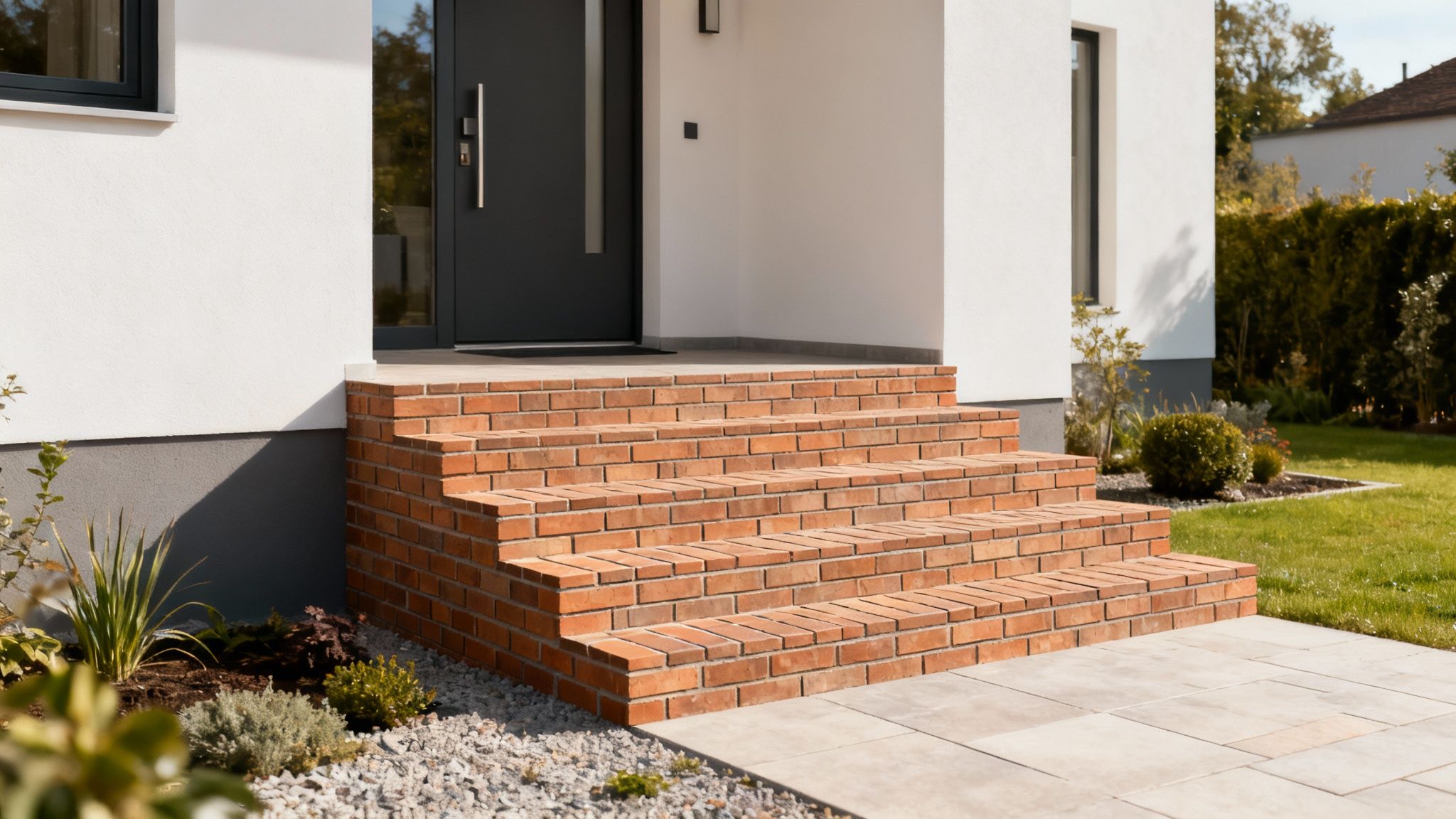 Moderne husindgang med hvide vægge, mørkegrå dør og smuk murstenstrappe. Belagt sti og have med grus.