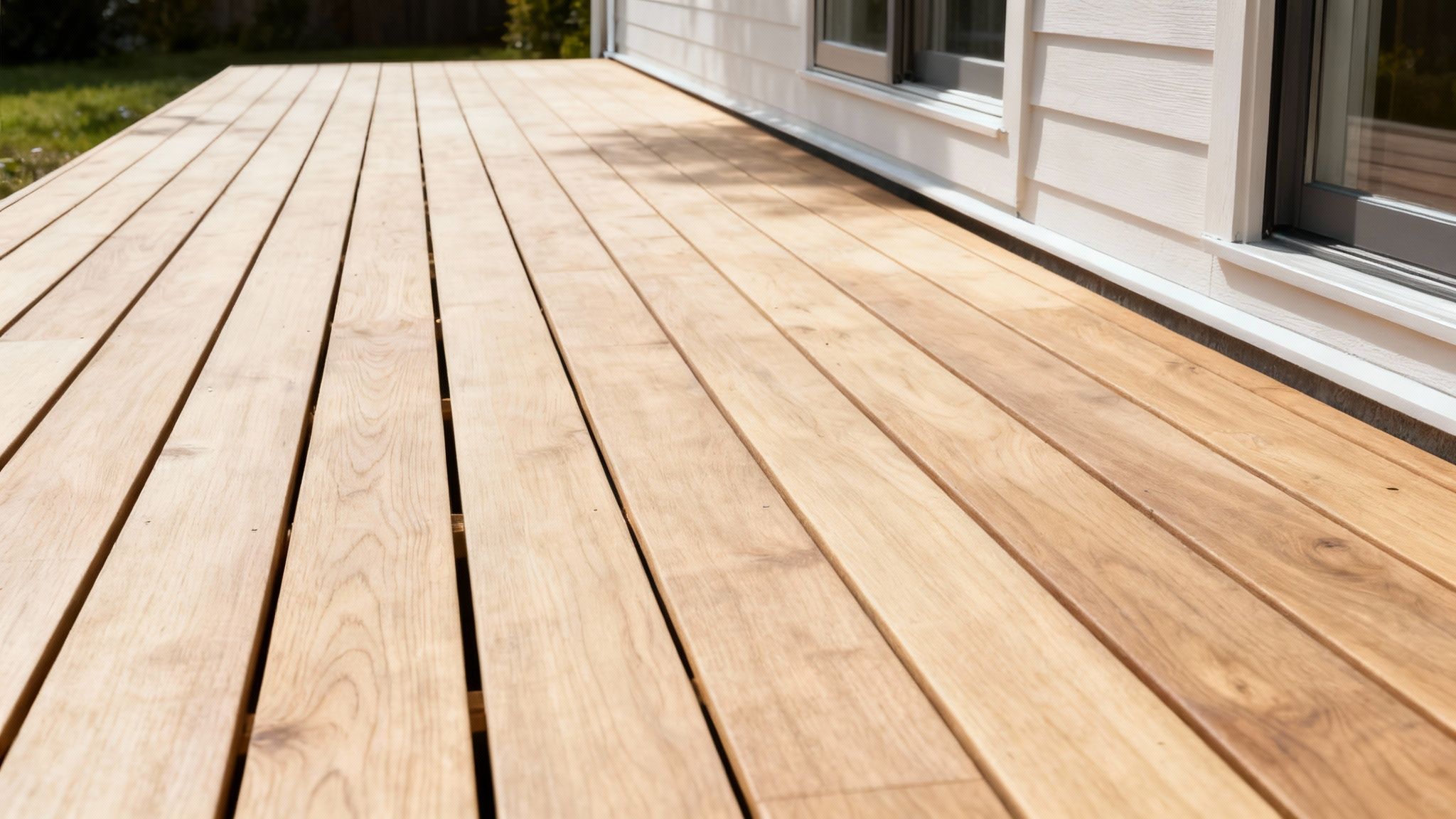 En nærbillede af smukt lagte terrassebrædder i træ, der viser ensartet afstand.