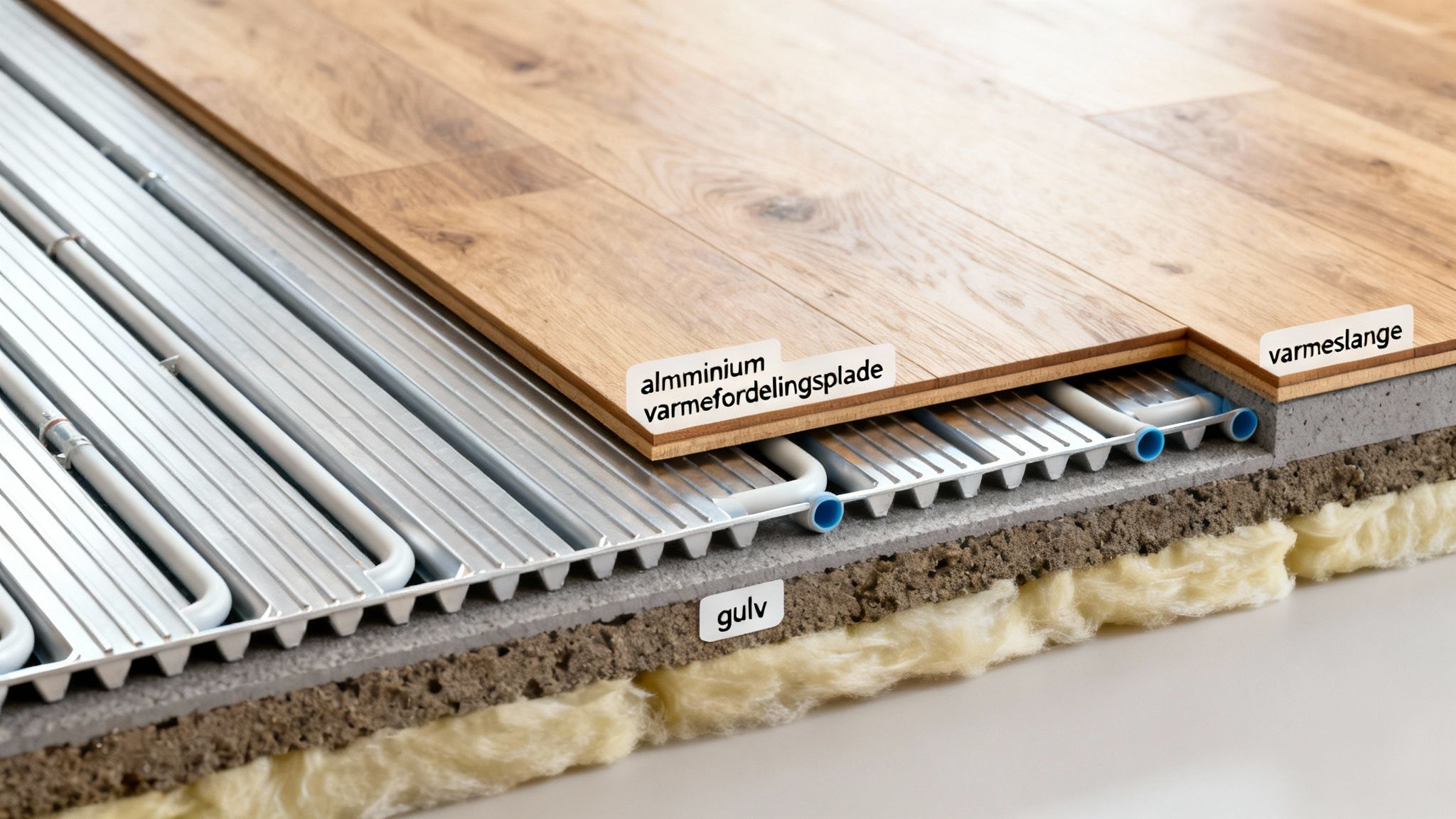 Detaljeret tværsnit af et gulv med gulvvarme, der viser trægulv, aluminiumsplader og varmerør.
