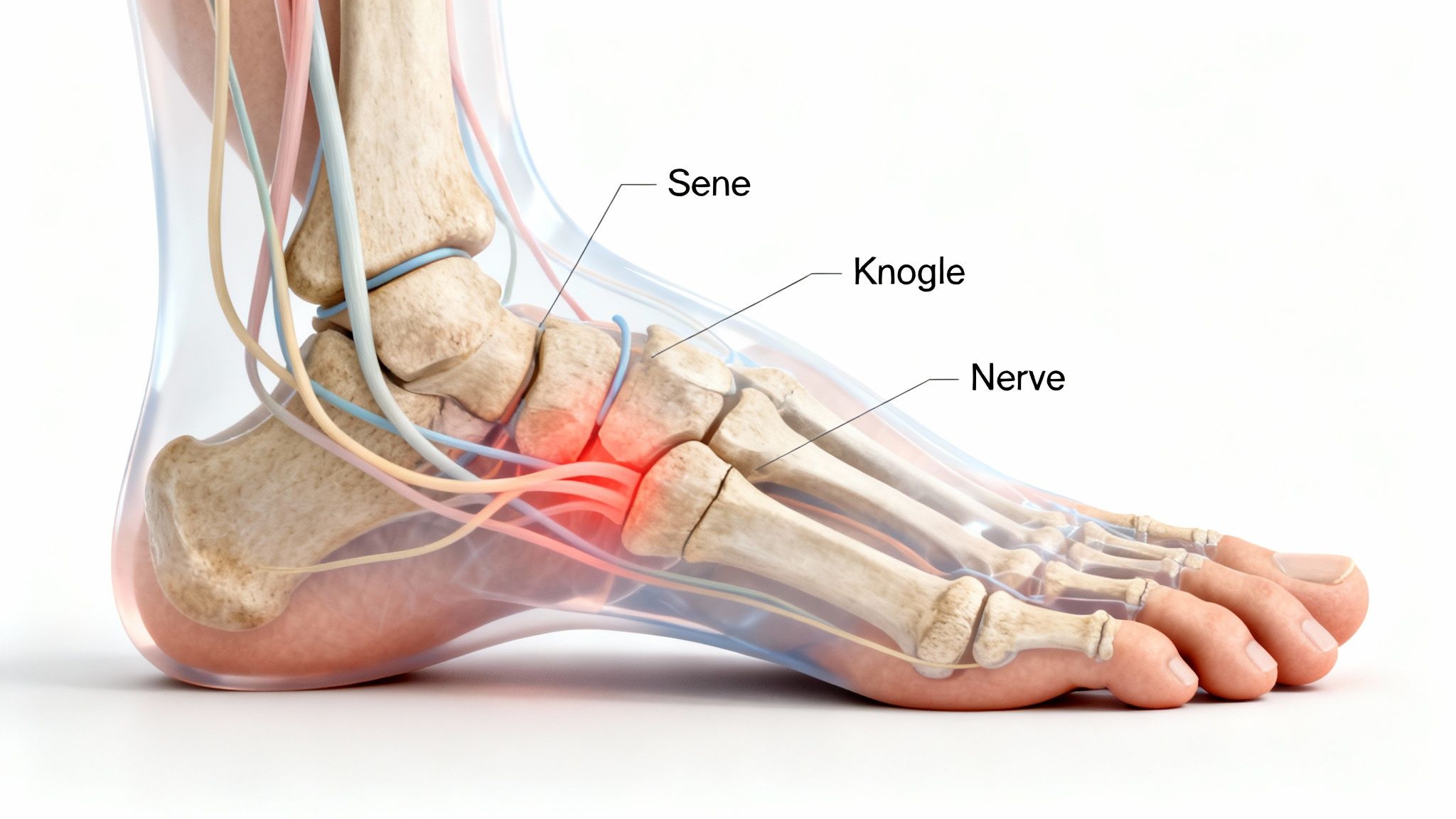 3D-illustration af foden med synlige knogler, nerver og blodårer. Rødt område indikerer smerte i midtfoden.